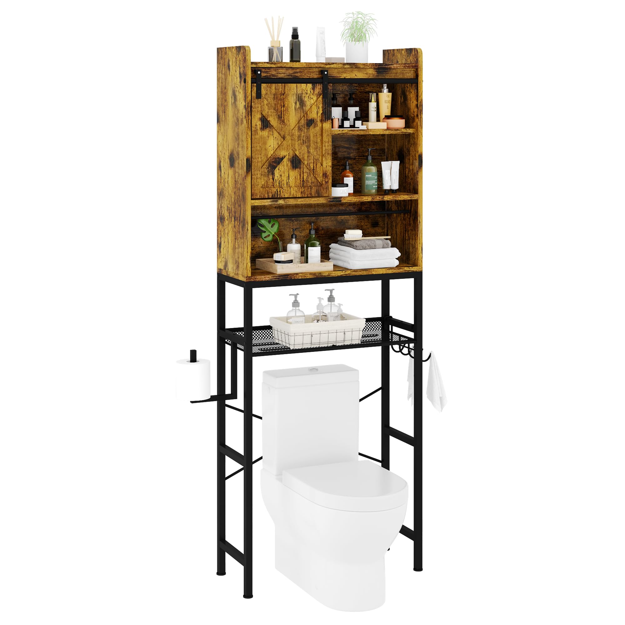 AWQM Over The Toilet Storage Cabinet - Freestanding Bathroom Organizer with Adjustable Shelves, X-Shaped Metal Frame & Barn Door Design | Space Saving Toilet Storage for Bathroom Essentials | Perfect for Small Bathrooms, Apartments & Powder Rooms (Retro Brown)