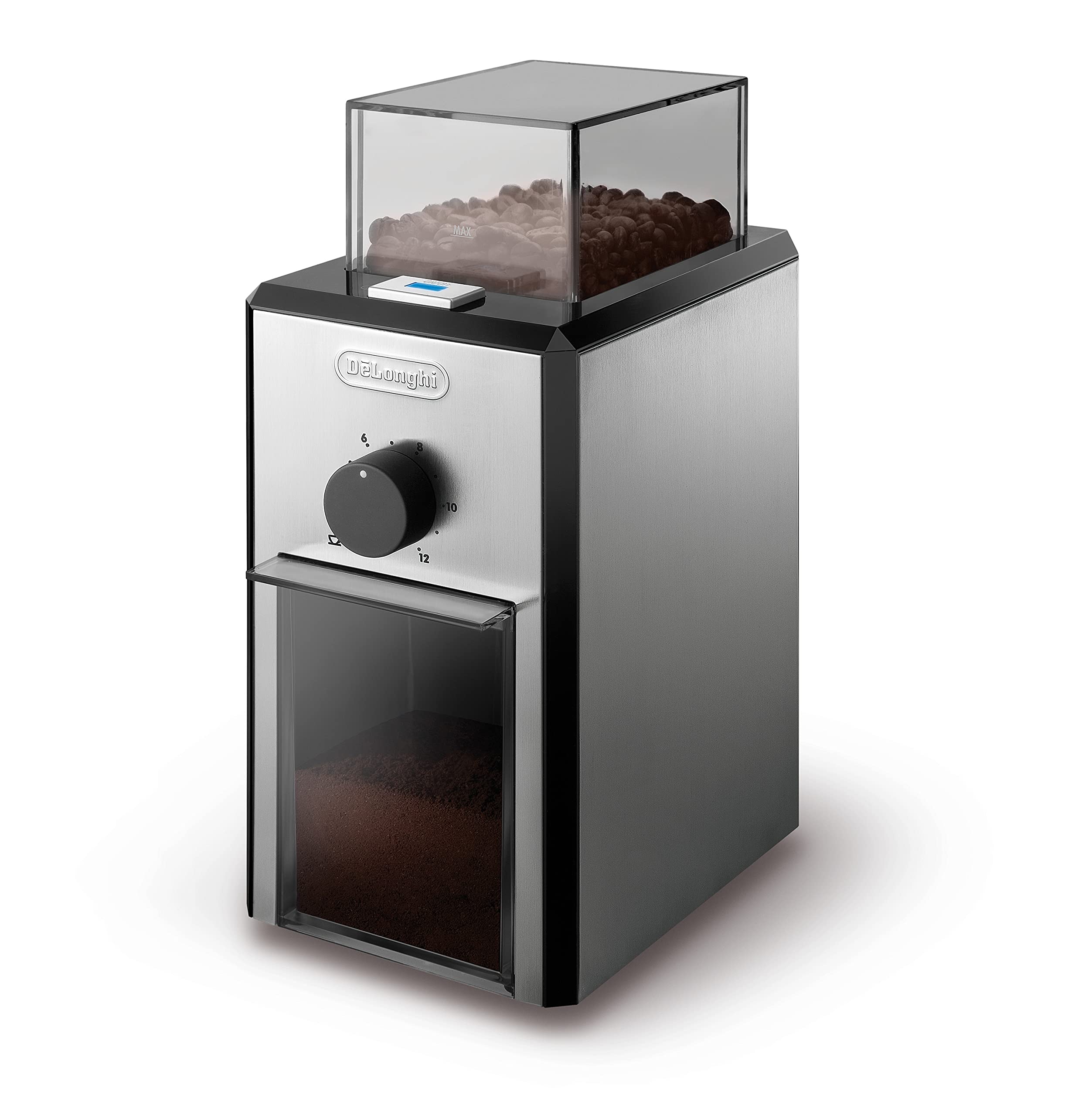 De'Longhi Stainless Steel Burr Coffee Grinder - Adjustable Coarseness for Espresso, Drip & French Press - Perfect for Home Baristas & Coffee Enthusiasts (Silver)