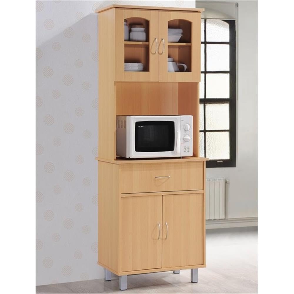 HODEDAH Tall Kitchen Cabinet with Enclosed Storage, Drawer & Open Shelf for Microwave - Solid Beech Wood - Perfect for Small Spaces & Apartment Living