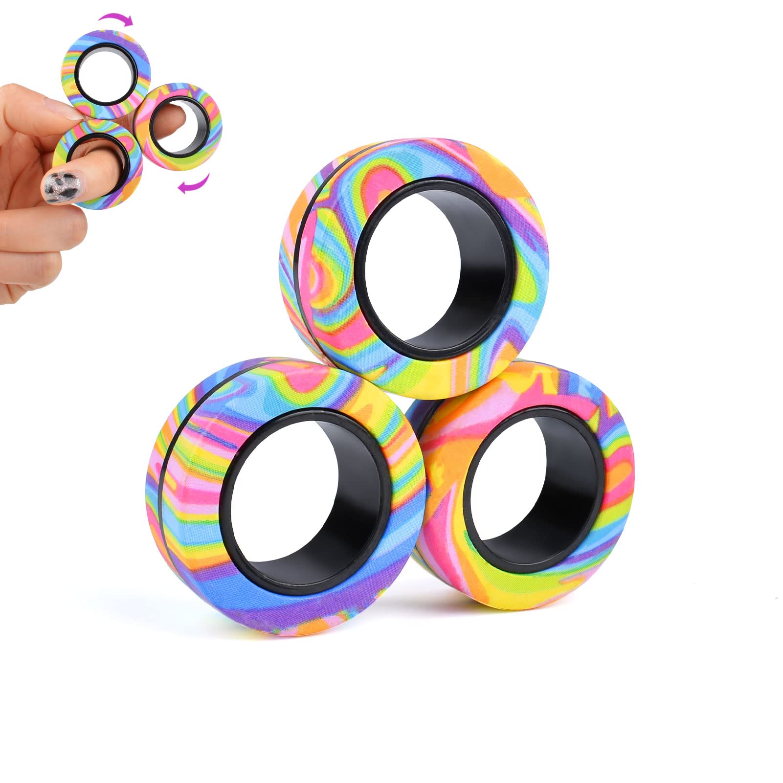 3Pcs Magnetic Fidget Rings for Adults & Kids - Stress Relief & Anxiety Toys for ADHD, Autism, Focus - Fun Easter Basket Stuffers & Valentine's Gifts for Boys Girls 8+ - Perfect for Office, School & Travel Use