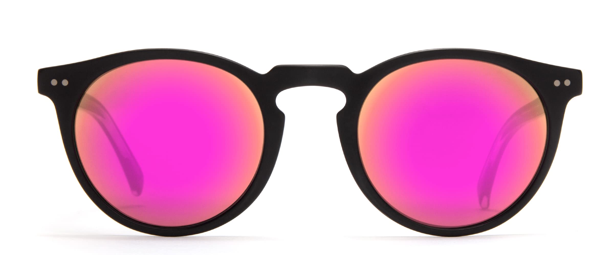 Otis Omar Polarized Sunglasses for Men & Women - Satin Black Frame with Pink Flash Mirror Lenses - UV Protection, Round Retro Style for Driving, Beach, and Outdoor Activities
