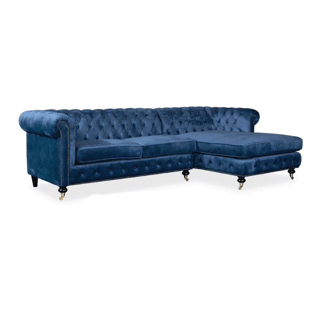 Gimorie Chesterfield Velvet Fabric L-Shaped Sofa - Luxurious Velvet Sectional Couch for Living Room, Lounge & Home Theater | Modern L-Shape Sofa with Tufted Back & Rolled Arms