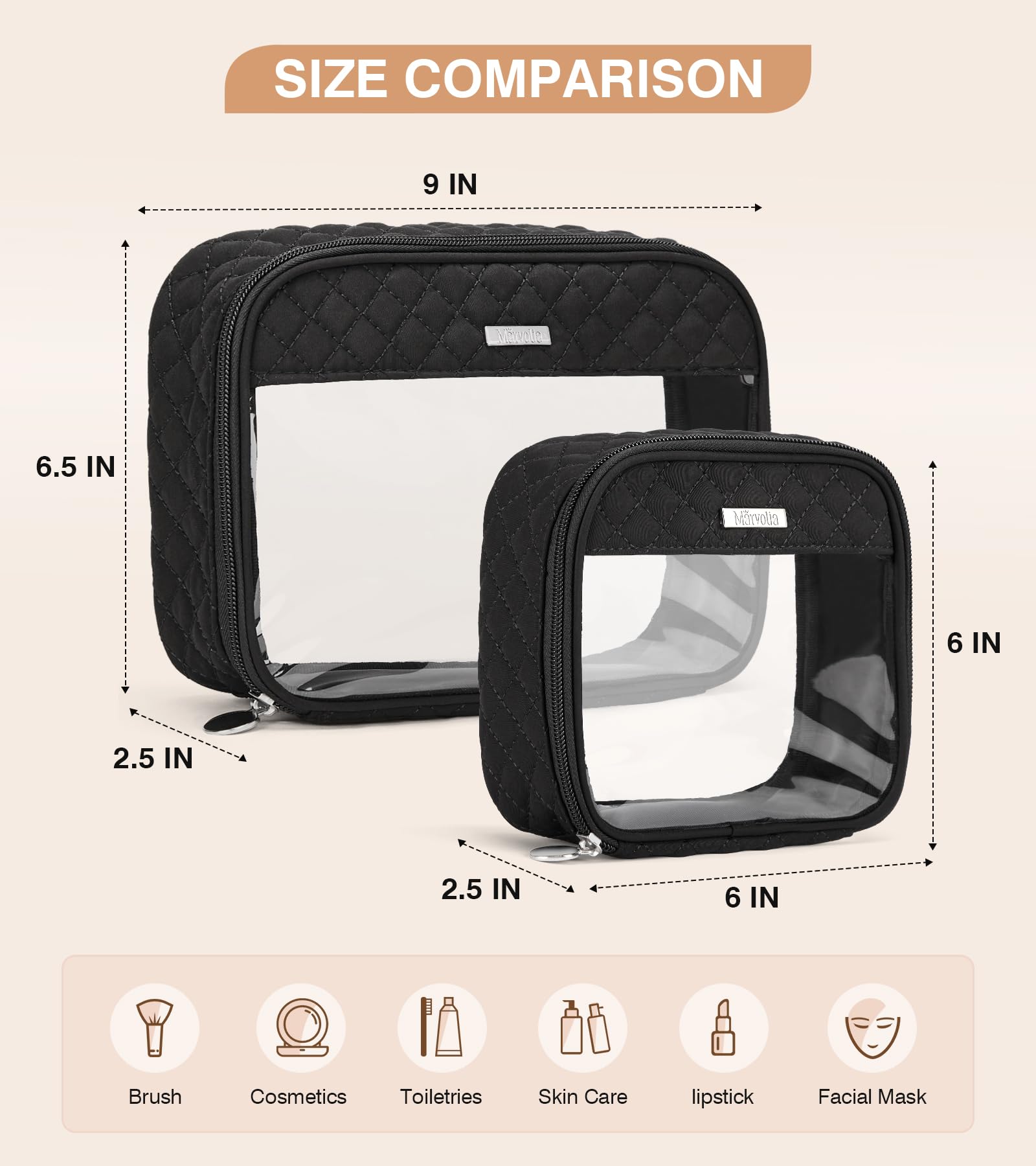 Marvolia Small Clear Makeup Bag for Women - Travel Toiletry Organizer, Mini Cosmetic Case with Zipper for Makeup & Essentials (Small, Black) - Perfect for Travel, Gym, and Daily Use