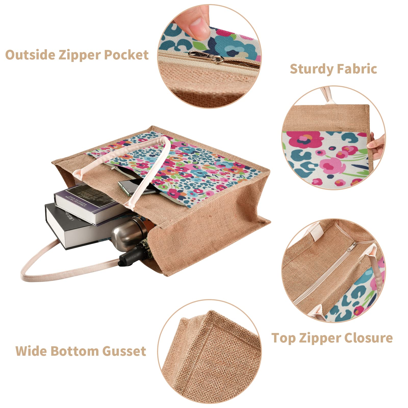 ALAZA Cute Flower Leopard Print Jute Tote Bag for Women - Eco-Friendly Grocery Shopping Bag with Sturdy Handles - Perfect for Outdoor Travel, Beach Trips & Farmers Market