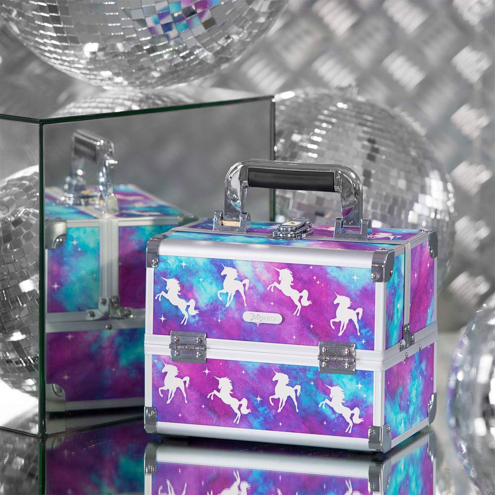 Joligrace Vanity Case Makeup Organizer with 5X Magnifying Mirror - Portable Cosmetic Storage Box for Travel, Home & Salon Use - Purple Unicorn Design Beauty Train Case