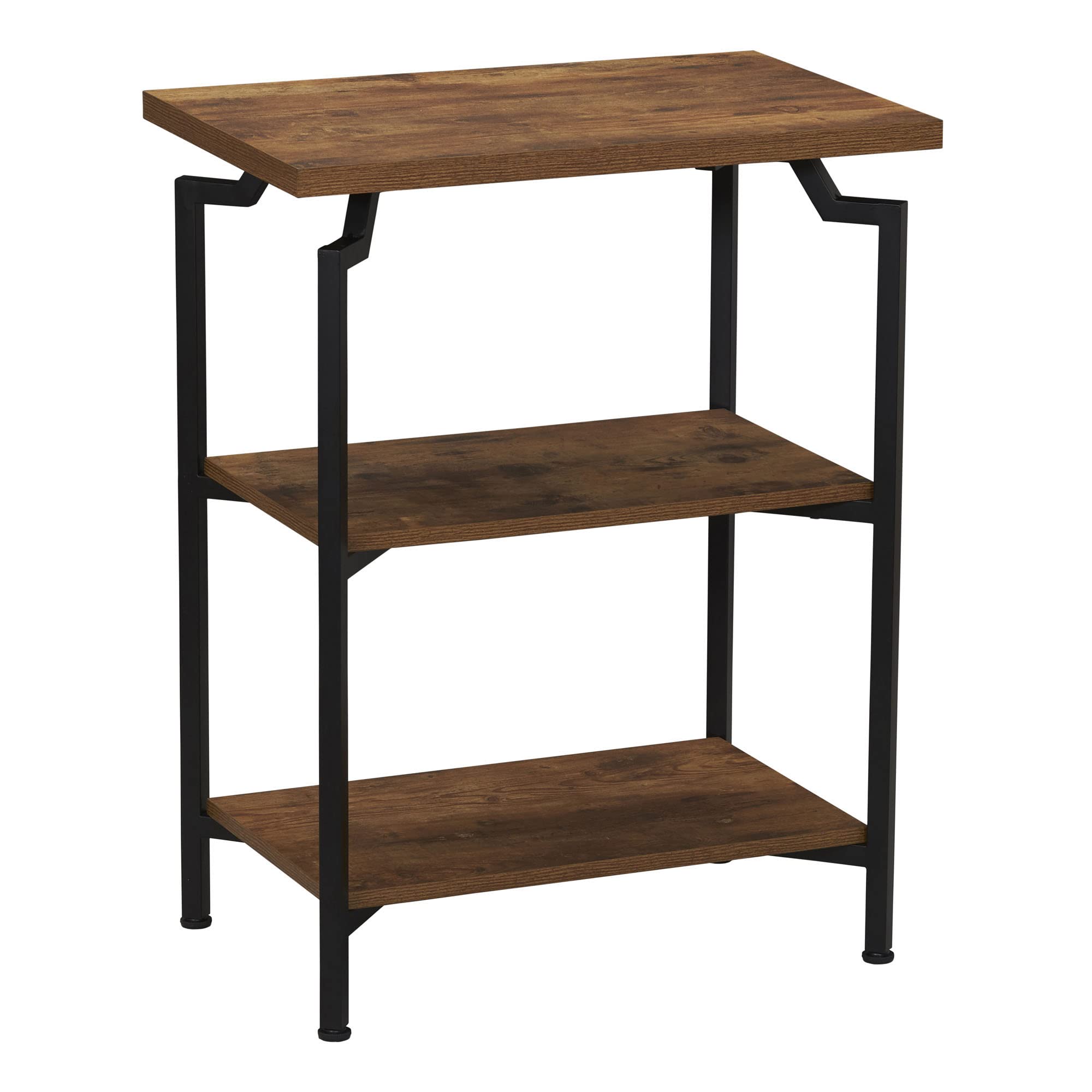 Rustic Hickory Wood Grain & Black Metal 3-Shelf Open Storage Bookshelf - Narrow Design for Home, Office, or Dorm Organization | Household Essentials Crown Collection