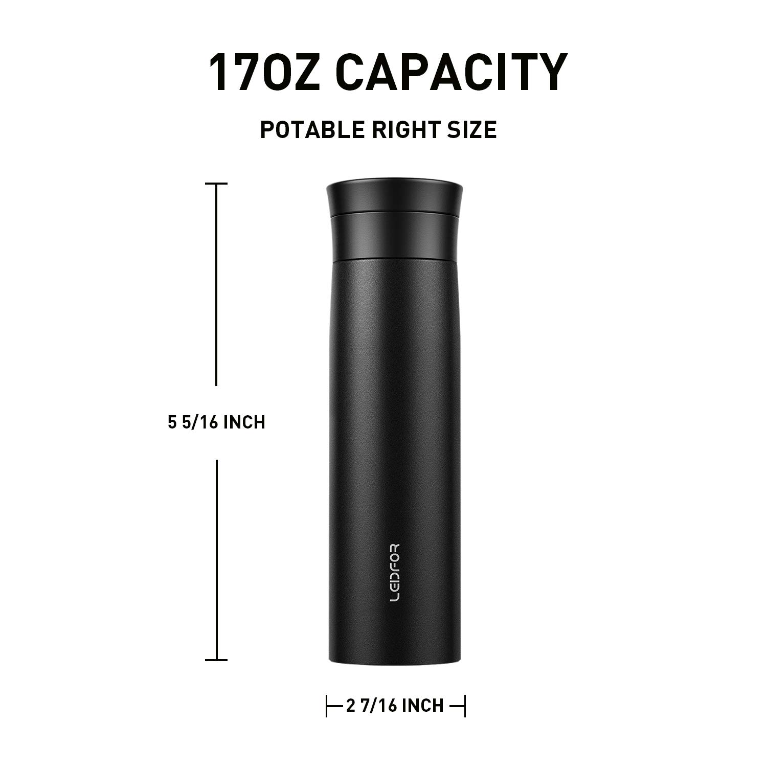 Premium Vacuum Insulated Tea Tumbler with Infuser - 17oz Leak-Proof Stainless Steel Travel Mug - Perfect for Office, Hiking & Daily Commute - Black