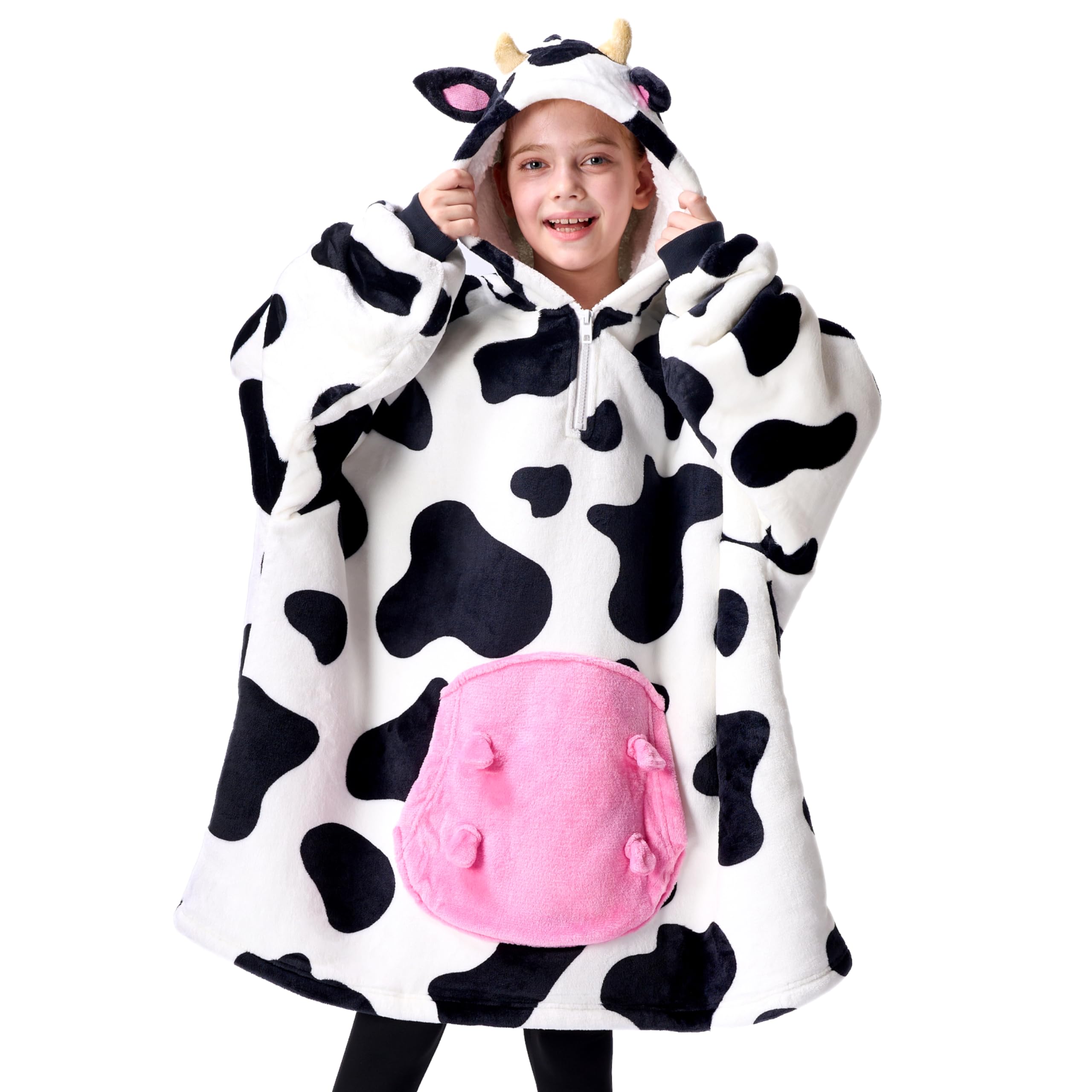 Giggling Getup Cow Wearable Blanket Hoodie - Oversized Soft Sherpa Fleece Hooded Blanket with Giant Pocket - Warm Plush Flannel Blanket Sweatshirt for Kids & Adults - Perfect for Winter Nights, Movie Time and Family Snuggles