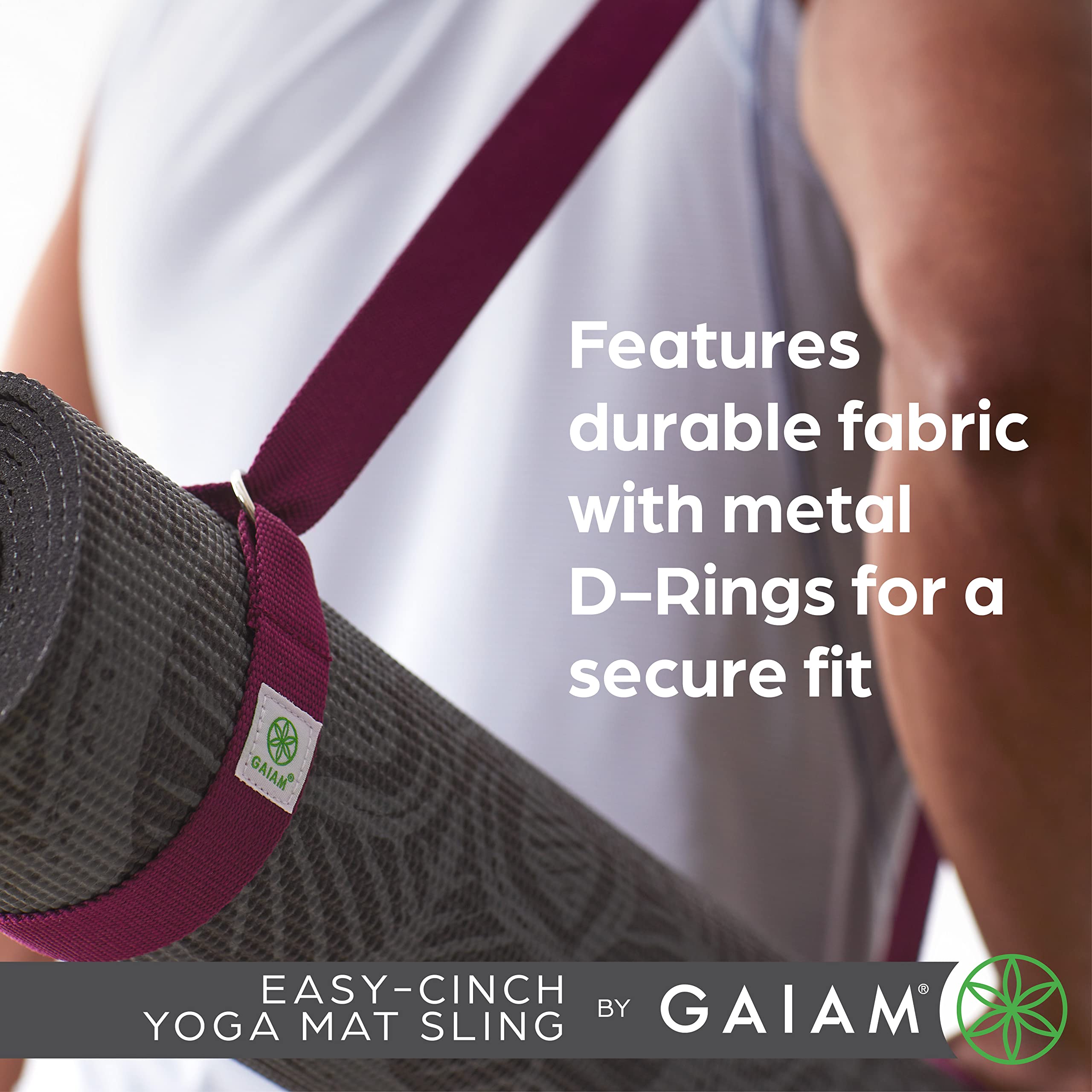 Gaiam Easy-Cinch Yoga Mat Sling - Durable Carrying Strap with Metal D-Rings for Secure Fit, Perfect for Yoga, Pilates, Gym & Travel (No Mat Included)