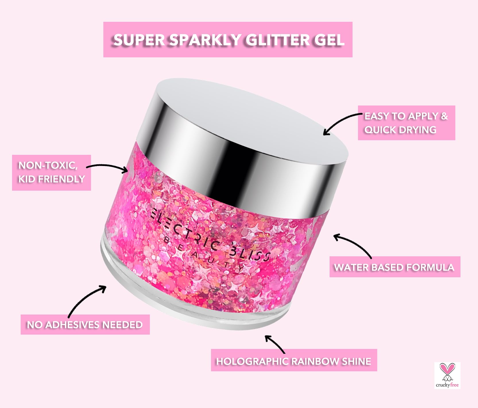 Electric Bliss Beauty Neon Pink Holographic Body Glitter Gel - Vegan, Cruelty-Free Makeup for Face, Body & Hair - Perfect for Festivals, Raves & Cosplay