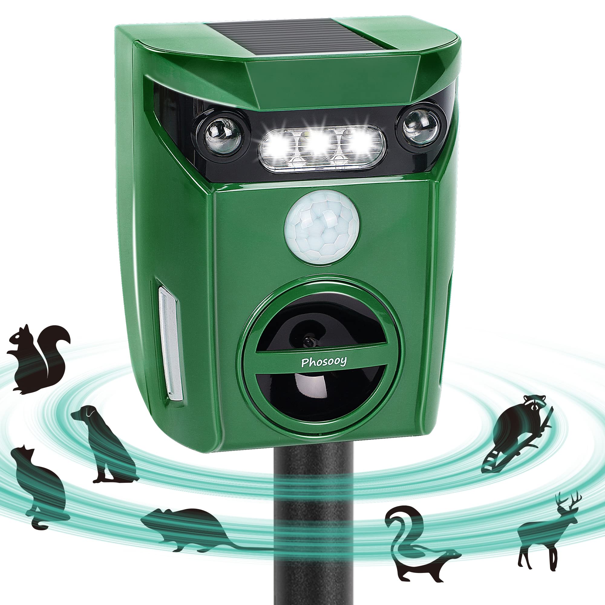 Solar Ultrasonic Animal Repeller - Outdoor Waterproof Pest Deterrent with Motion Sensor & LED Flashing Lights - Repels Cats, Squirrels, Rats, Skunks, Raccoons & Deer - Perfect for Gardens, Yards, Farms & Patios