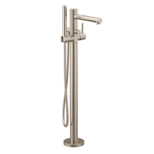 Moen 395BN Brushed Nickel Floor Mount Tub Filler - Modern Bathroom Faucet for Freestanding Tubs, Luxury Spa & Soaking Bathtubs