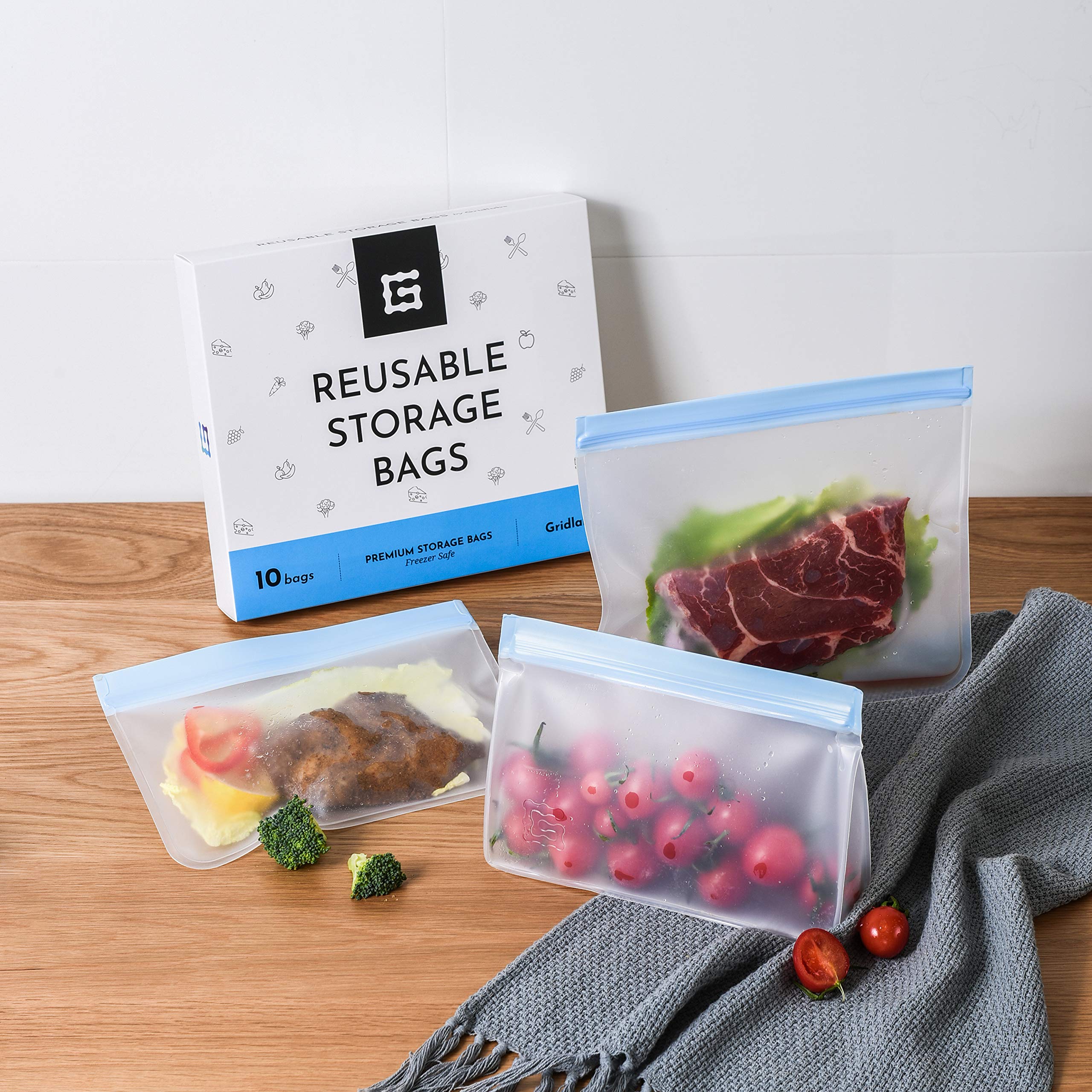 Premium Reusable Storage Bags Set of 10 - Leakproof Freezer Safe for Lunch & Snacks