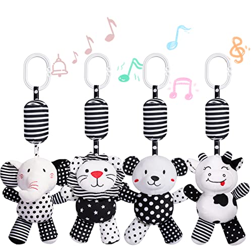 Feneya 4pcs Baby Hanging Rattle Toys - Soft Plush Animal Toys with Sound for Newborns 0-18 Months | Stroller, Crib & Car Seat Hanging Toys | Perfect Baby Shower Gift for Boys & Girls | Great for Sensory Play & Early Development