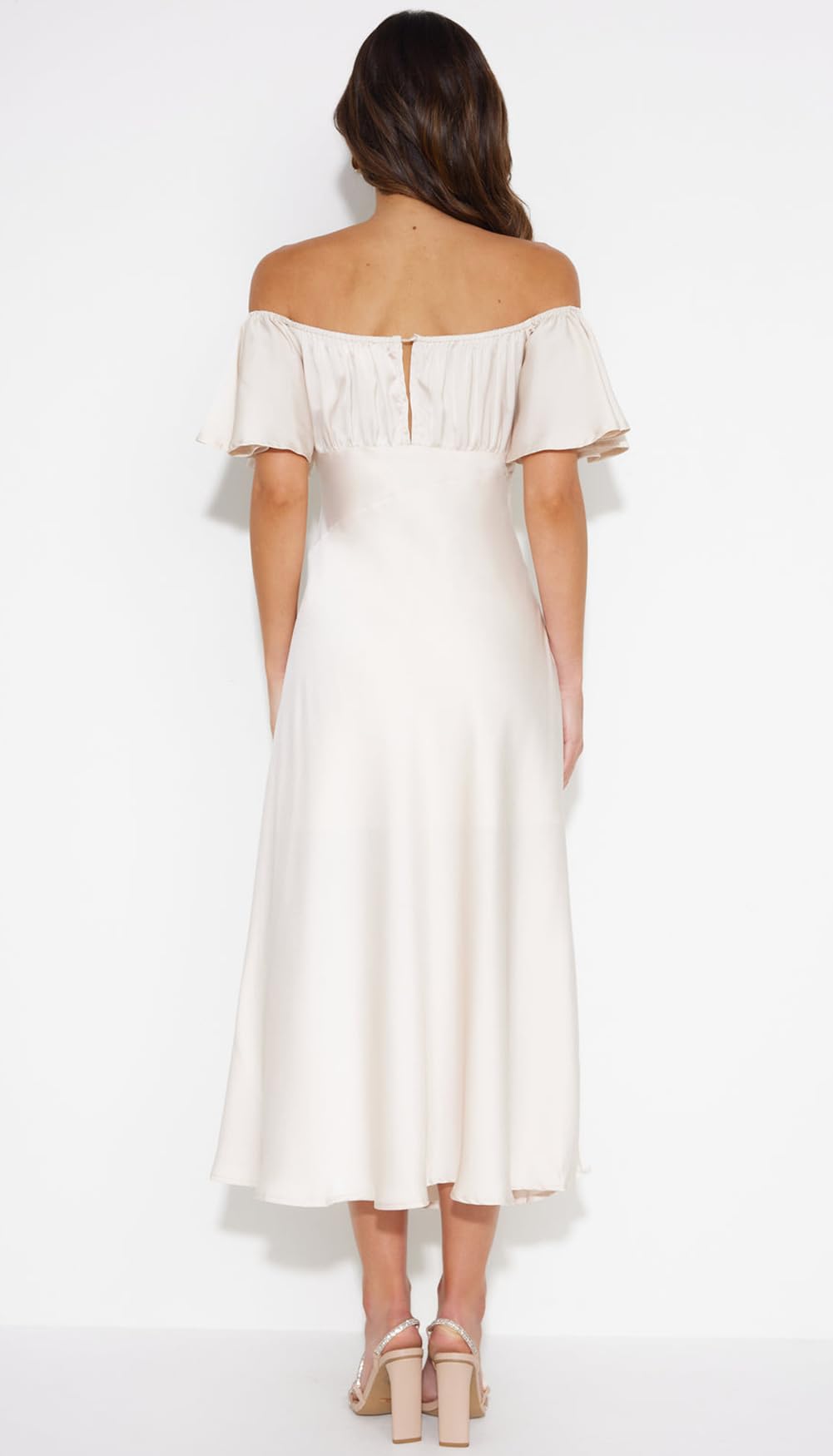 2025 Summer Women's Satin Off Shoulder Formal Dress - Elegant Butterfly Sleeve Split Cocktail Prom Midi Dress for Wedding Guest, Party, Evening Gala & Special Occasions