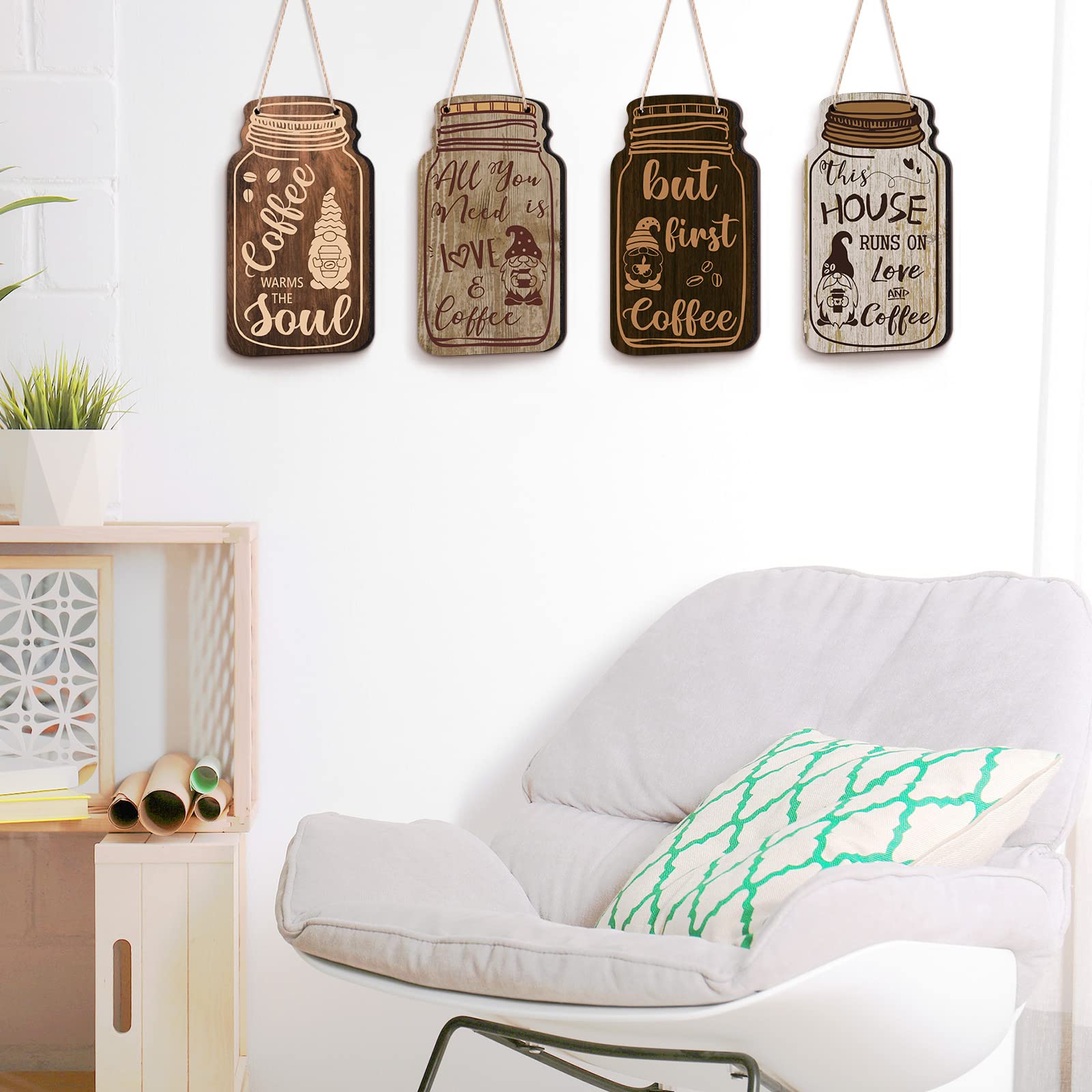 Jetec 4-Piece Coffee Bar Sign Set - Rustic Farmhouse Wooden Gnome Wall Decor with 'But First Coffee' Plaque - Perfect for Cafes, Kitchens & Coffee Lovers' Home Decor