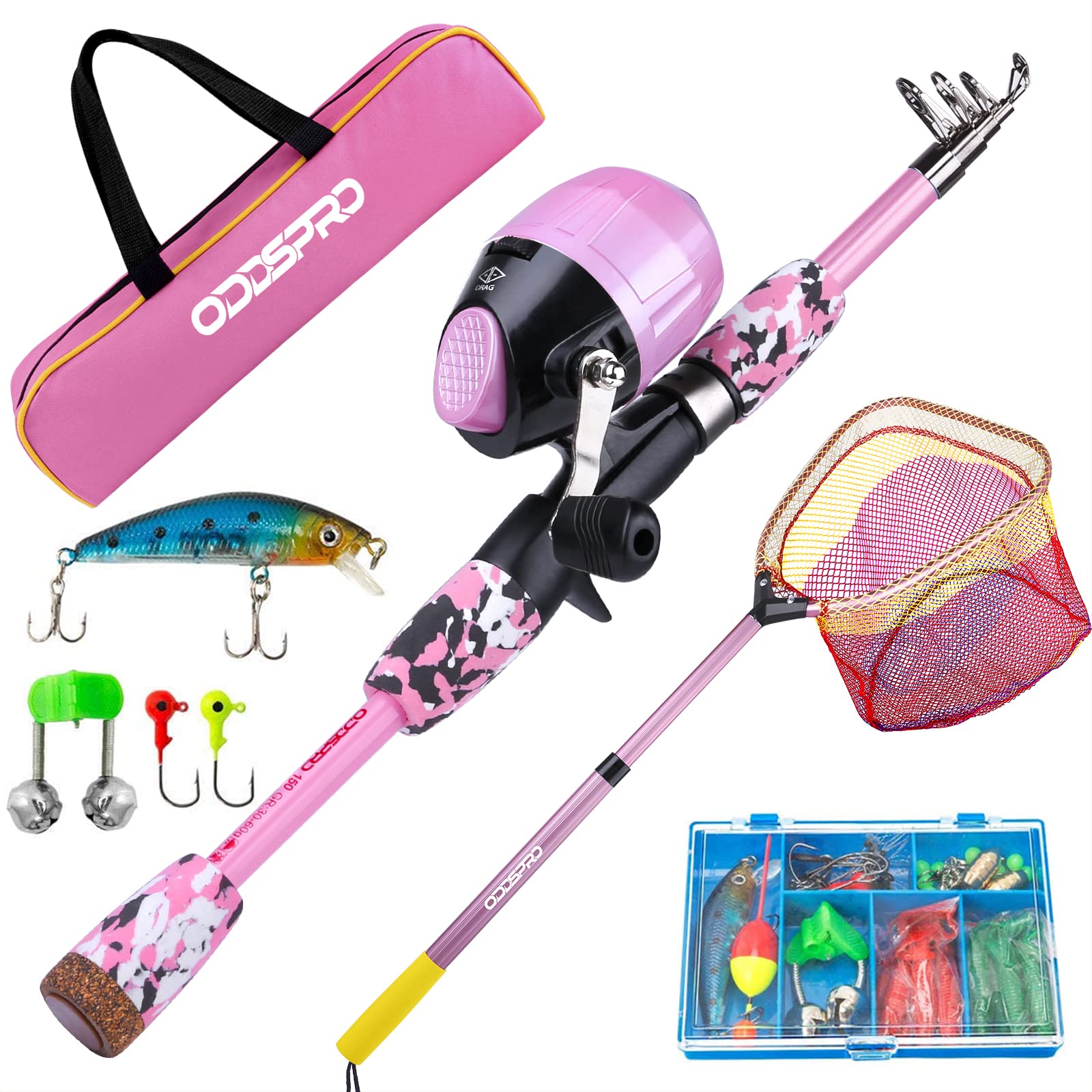 ODDSPRO Kids Fishing Pole and Net Set - Adjustable Telescopic Fishing Rod with Toy Fish for Children - Perfect for Outdoor, Beach, and Backyard Fishing Fun