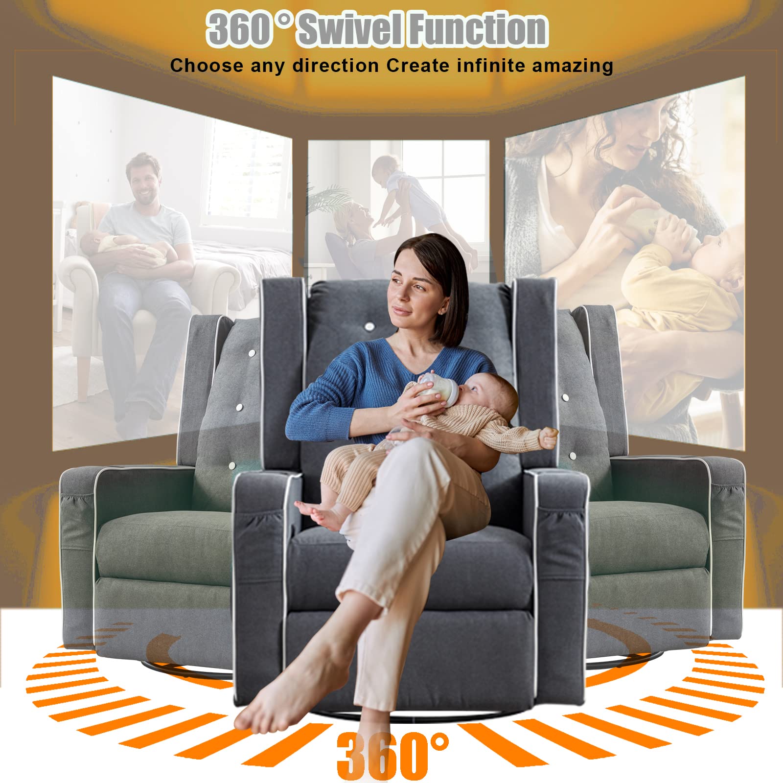 **Grey Nursery Rocking Chair - Baby Glider Rocker with Swivel & Recliner, Cup Holders & Storage Pockets - Cozy Rocking Chair for Living Room, Nursery, or Breastfeeding (1 PC)**