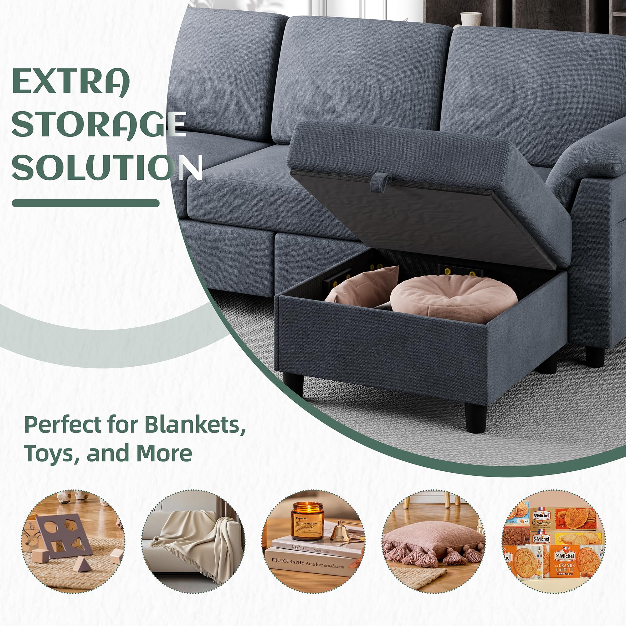 Vongrasig Convertible 3-Seat L-Shaped Sectional Sofa with Removable Pillows - Mid Century Modern Linen Fabric Couch for Living Room, Apartment & Office - Gray | Space-Saving Convertible Design for Small Spaces