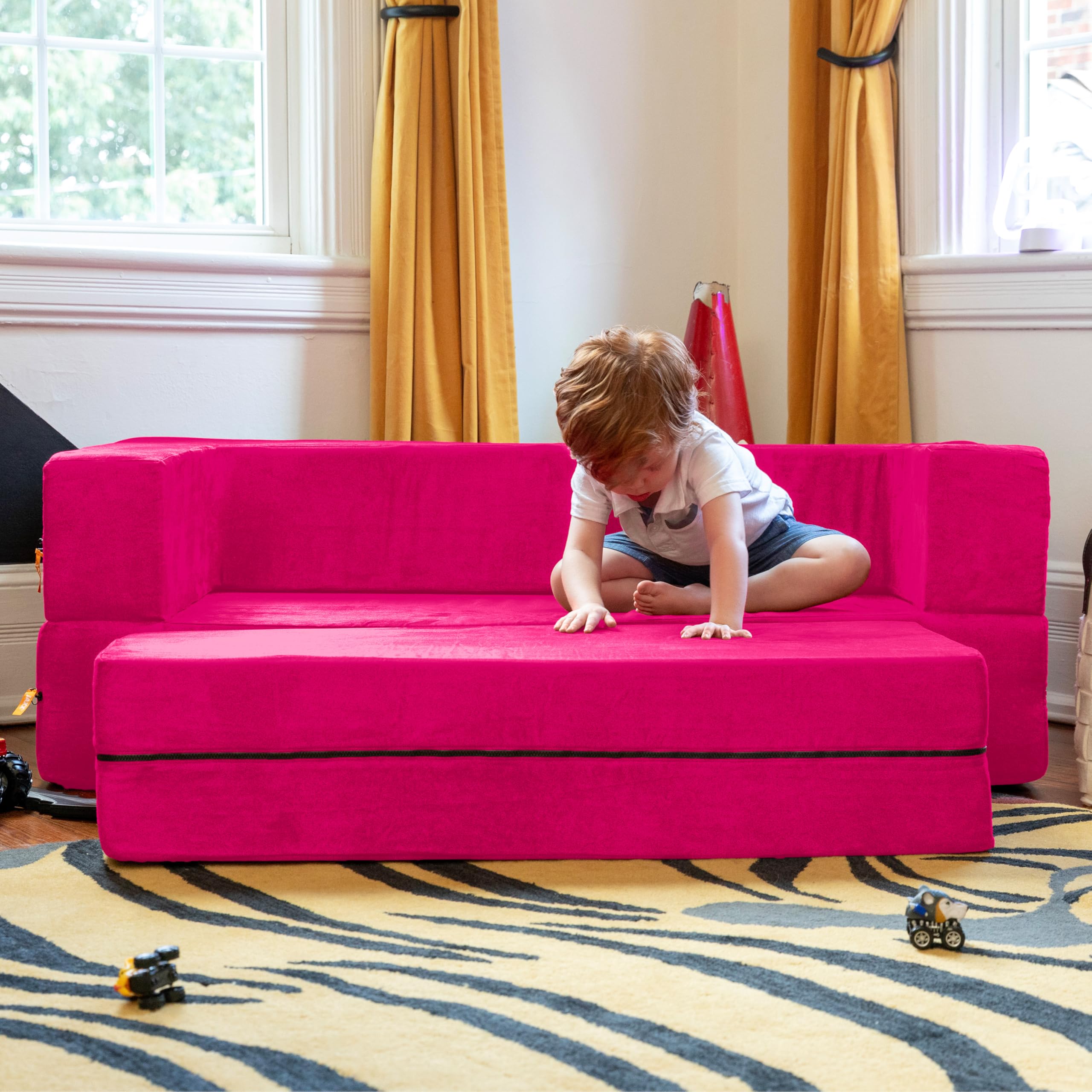 Jaxx Zipline 3-in-1 Fold Out Sofa with Large Ottoman - Big Kids Edition in Fuchsia (Model 17454) | Convertible Sleeper Sofa for Playrooms, Dorm Rooms & Small Spaces