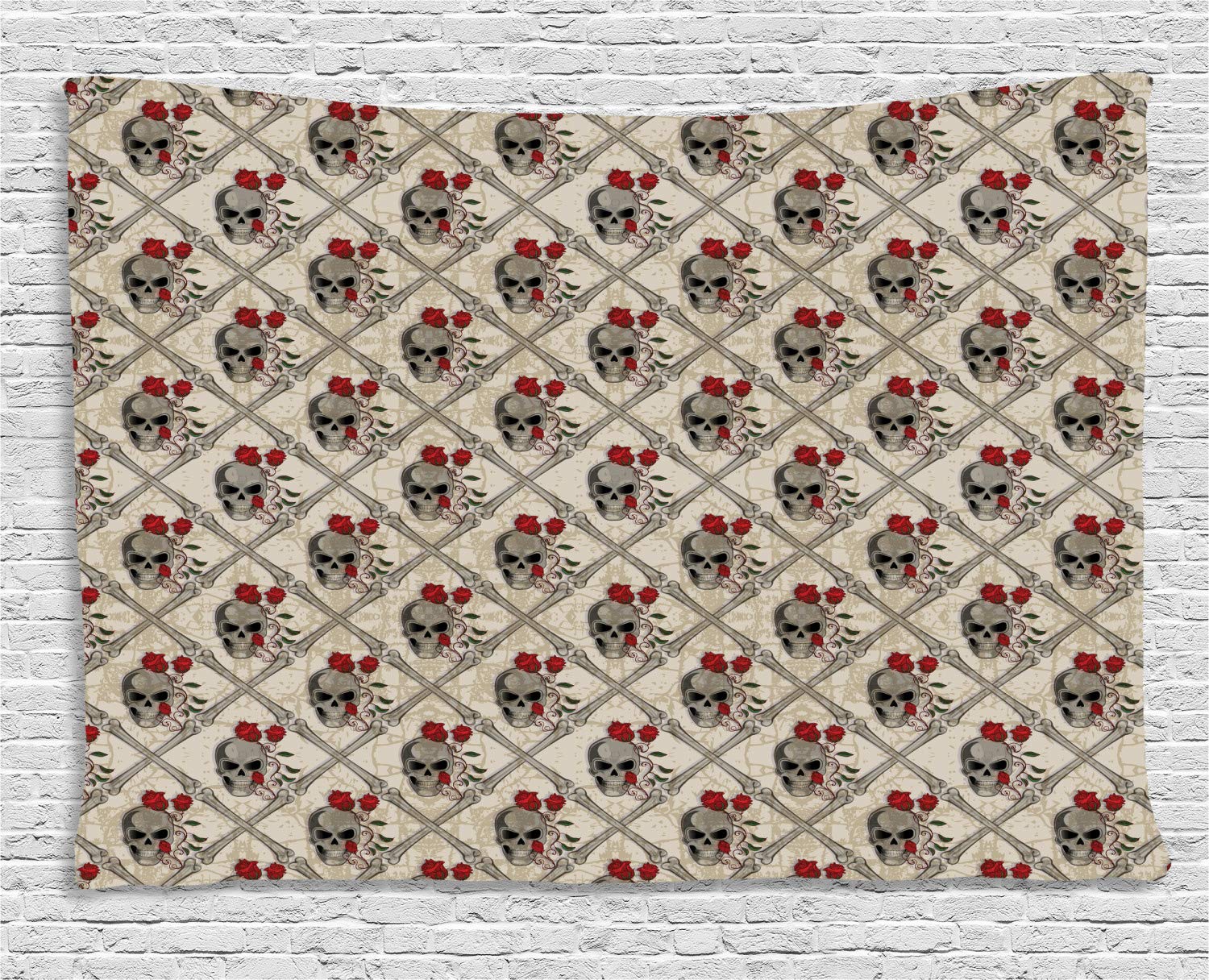 Ambesonne Skull Tapestry - Vintage Gothic Wall Art with Bones & Roses, Jolly Roger Pirate Theme Decor for Bedroom, Living Room, Dorm (60x40 Inches, Vermilion/Beige) | Perfect for Halloween, Gothic Home Decor & Boho Aesthetic
