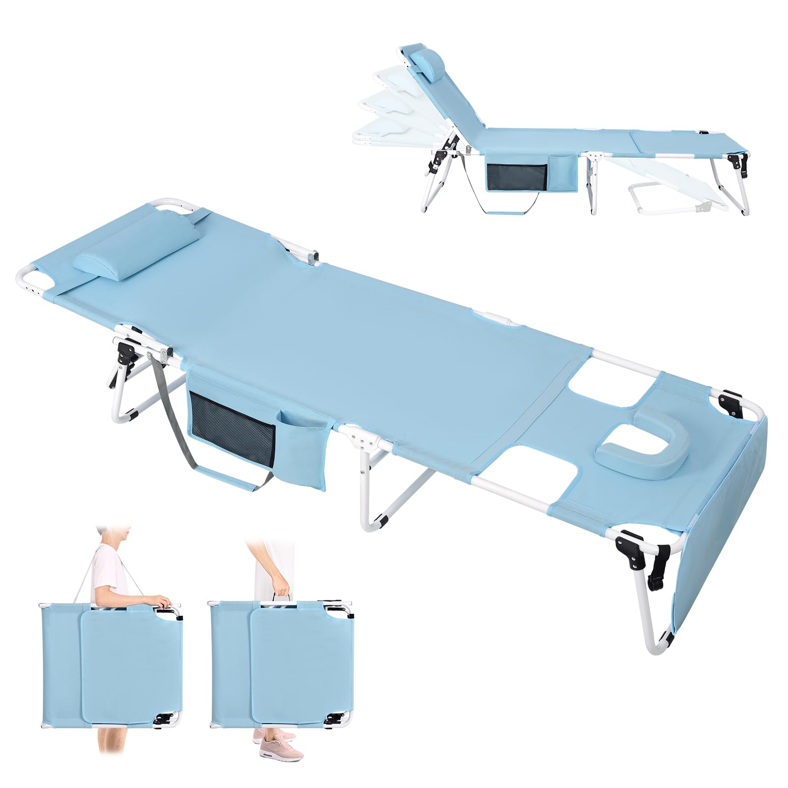 Premium Tanning Chair with Face Hole - Heavy Duty Folding Outdoor Lounge Chair for Face Down Sunbathing - Portable Sun Lounger for Beach, Poolside, Patio, Lawn & Camping - Perfect for Relaxing, Reading & Sunbathing Comfortably