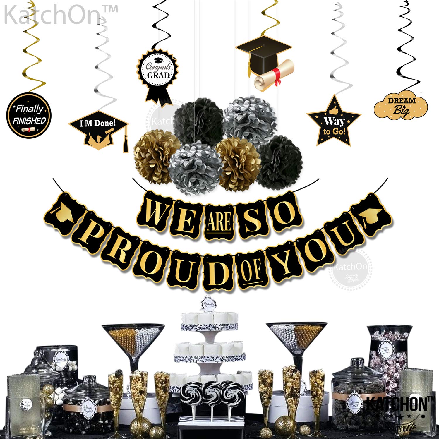 2025 Graduation Party Decorations Set - 34-Pack Black & Gold Grad Banner, Swirls & Pom Poms | 'We Are So Proud of You' Sign | Class of 2025 Celebration Supplies for High School & College Graduation Ceremony Decor