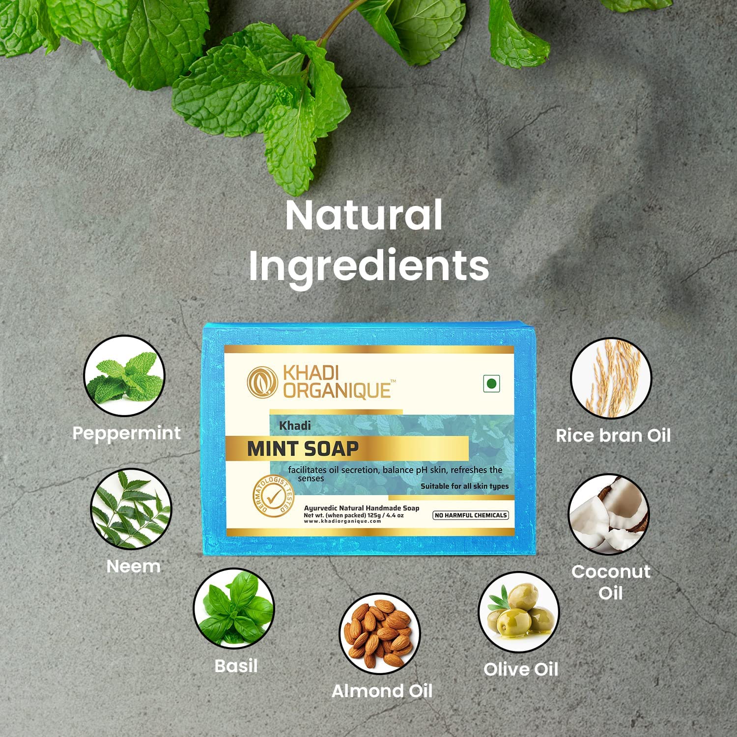 Khadi Organique Natural Herbal Pure Mint Soap - Pack of 6 Bars | Refreshing & Antibacterial Face & Body Cleanser for Sensitive Skin | Perfect for Daily Use, Travel & Spa Days