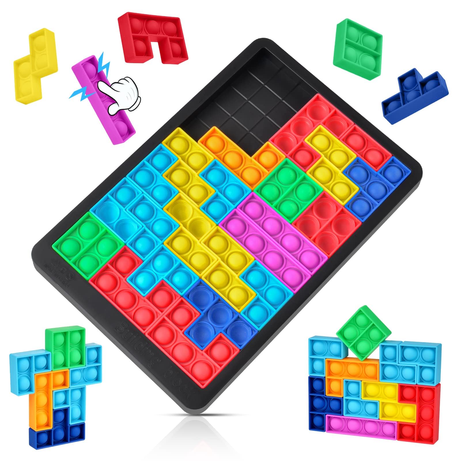 Pop Puzzle Popper Fidget Game - Push Pop Brain Teasers Toy for Adults & Kids, Silicone Jigsaw Building Blocks Stress Relief Game Board - Educational Learning Puzzle Toys for Anxiety Relief, ADHD, Autism & Focus - Perfect for Office, School, Travel & Home Use