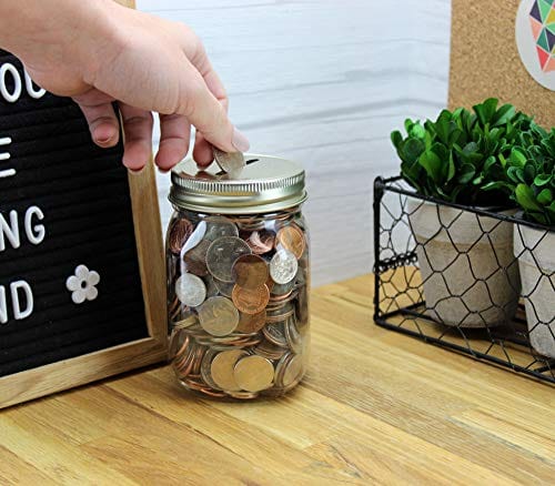 4 Pack Clear Plastic Mason Jar Coin Banks - 16oz Small Coin Jars with Gold Slotted Lids for Saving Money - Perfect for Kids Piggy Banks, Home Office Change Storage & DIY Craft Projects