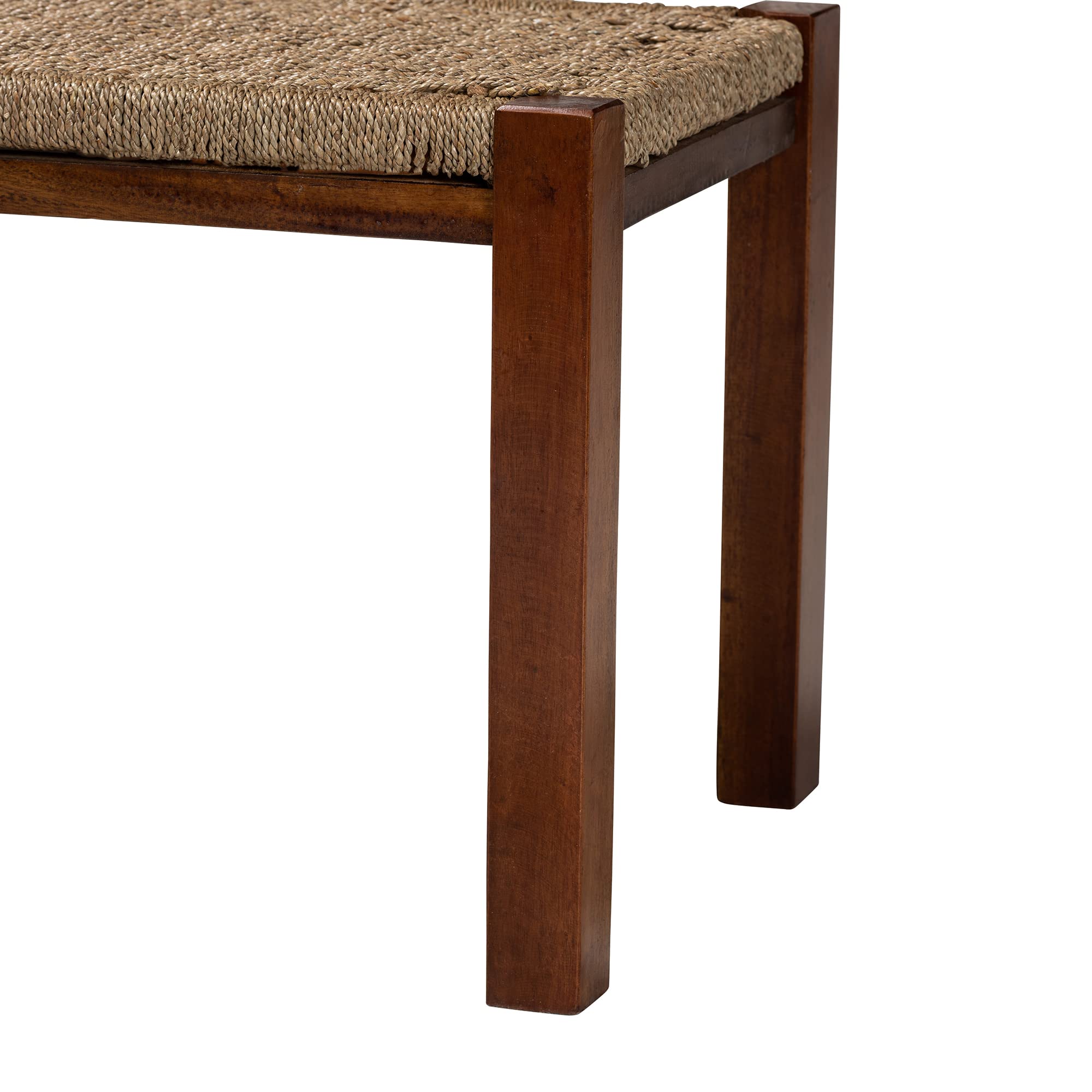 Bali & Pari Hermes Woven Seagrass Accent Bench - Natural Walnut Brown - Handwoven Rattan Stool for Living Room, Bedroom, or Patio Decor