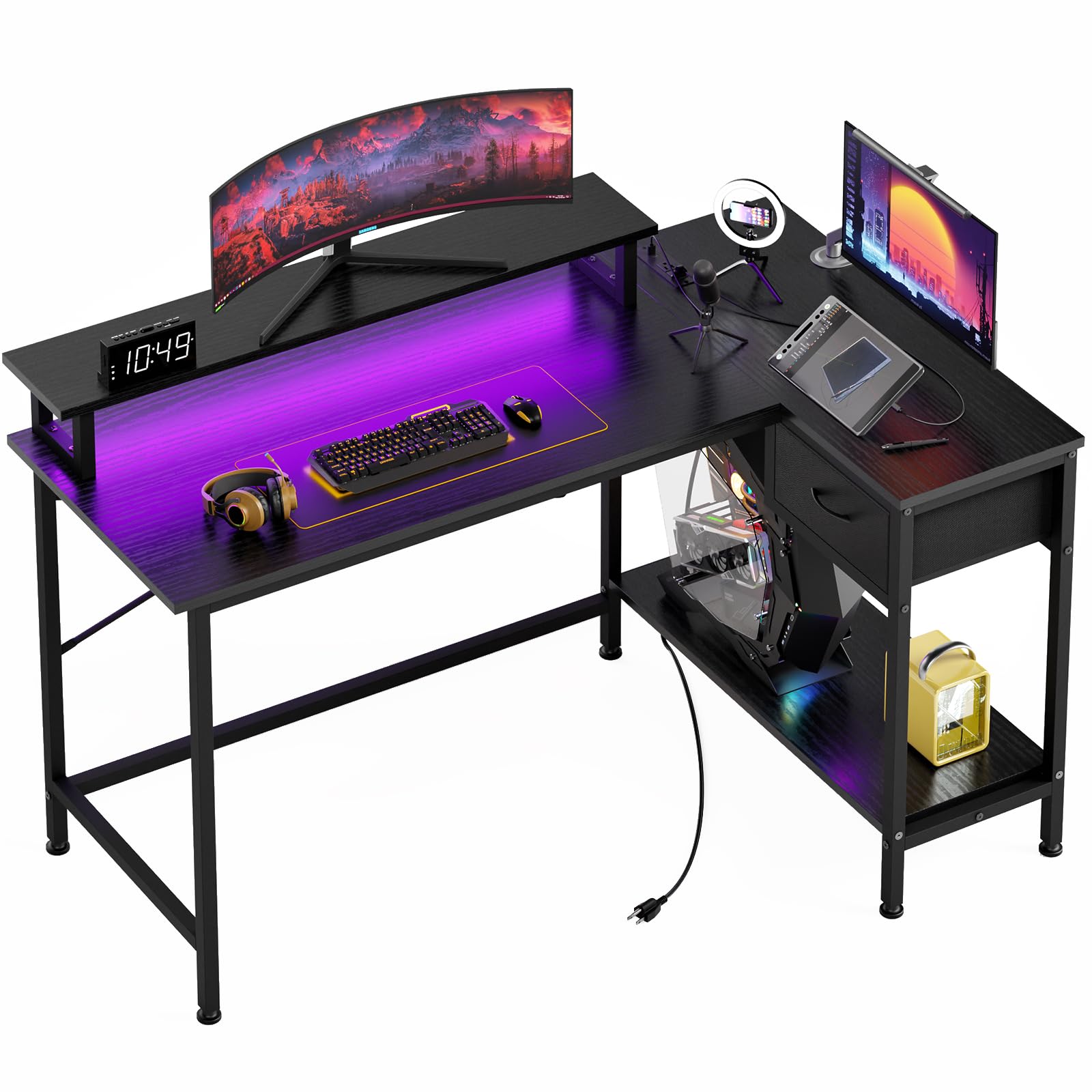 Fixwal L-Shaped Gaming Desk with Power Outlets & LED Lights - Compact Corner Computer Desk for Small Spaces, Home Office Desk with Drawer, Black | Perfect for Bedroom Gaming Setup, Study & Workstation Organization