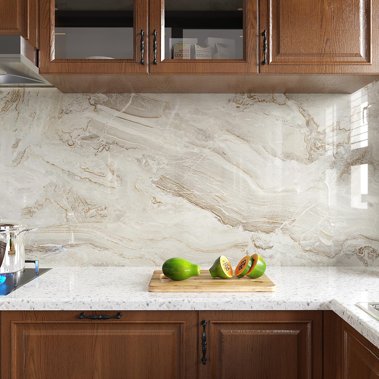 VEELIKE 15.7''x118'' Beige Gold Liquid Marble Contact Paper - Peel & Stick Waterproof Granite Countertop Cover - Self-Adhesive Vinyl Roll for Kitchen, Bathroom, Table & Wall Decor - Perfect for Home Renovation, DIY Projects & Furniture Upcycling