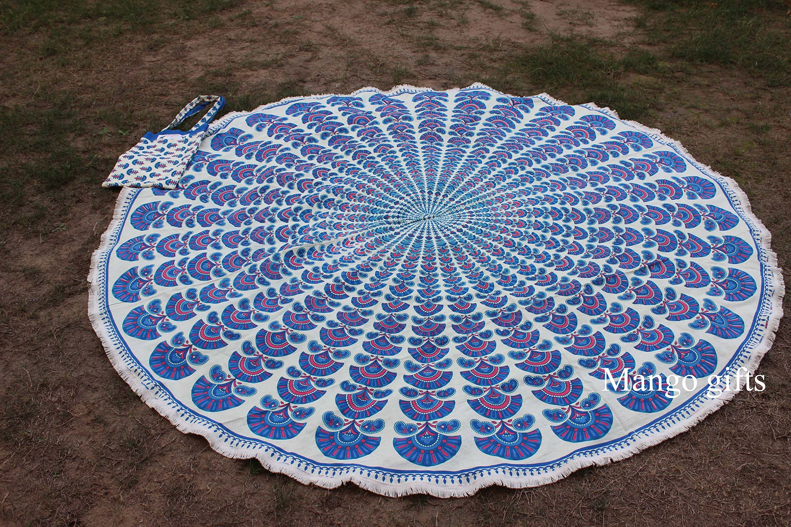 Peacock Mandala Round Beach Throw Blanket - Indian Tapestry with Carry Bag for Yoga, Meditation & Bohemian Home Decor | Hippie Style Yoga Mat Cover | Perfect for Beach Picnics, Festival Camping & Boho Bedroom Decor
