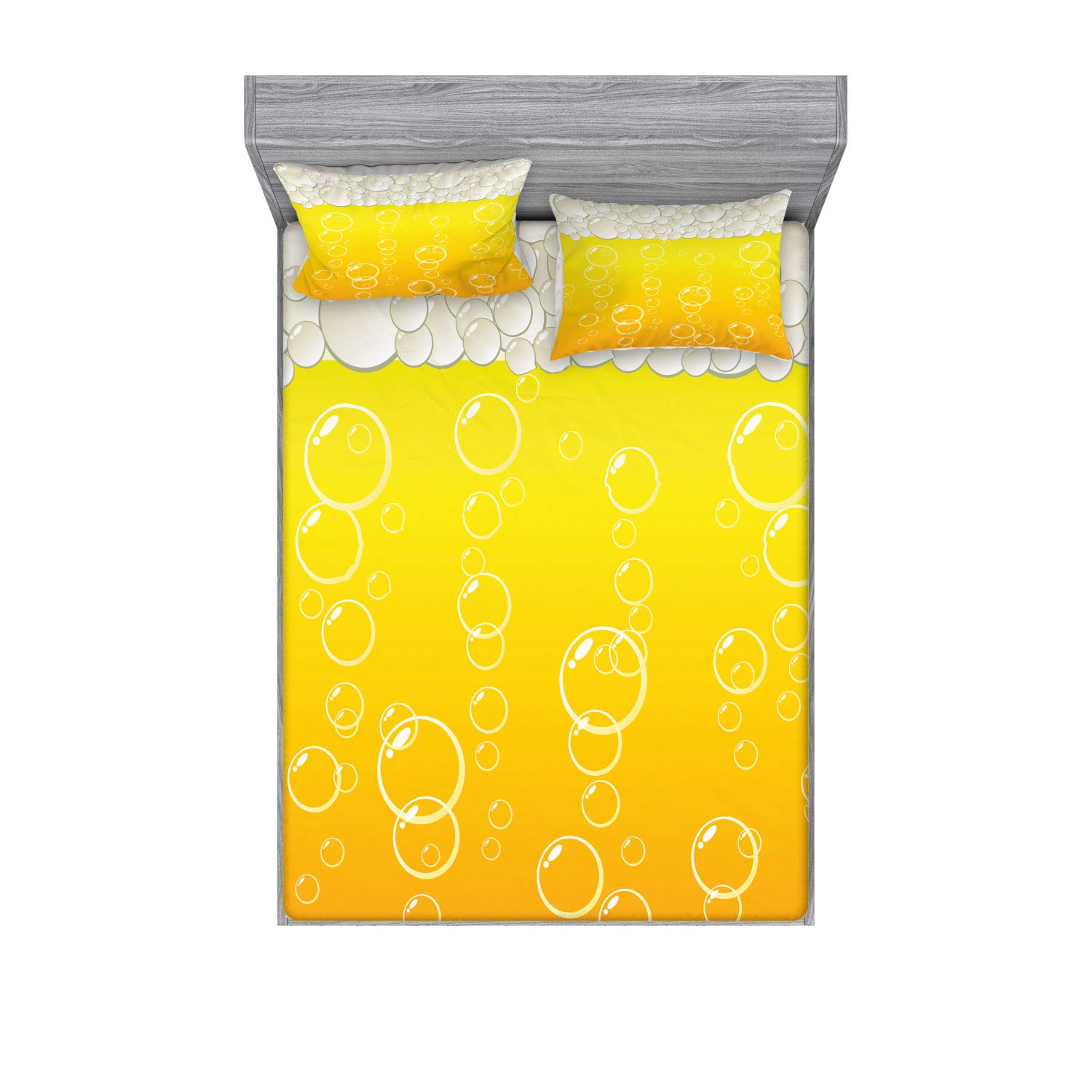 Ambesonne Abstract Fitted Sheet & Pillow Sham Set - Bubbles and Beer Alcohol Drink Themed 3-Piece Bedding Set, Queen Size, Yellow & White | Modern Home Decor for Bedroom, Dorm, Guest Room | Perfect for Beer Lovers & Party Themed Rooms