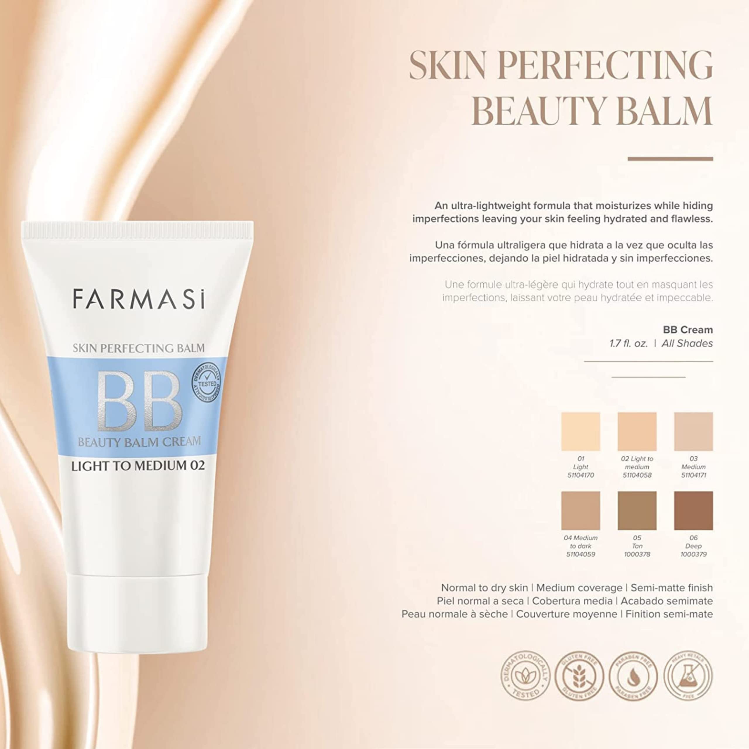 FARMASi BB Cream Makeup - Full Coverage Foundation & Concealer with Moisturizing Benefits for All Skin Types, 1.7 fl oz (50ml) Light to Medium - Perfect for Daily Wear, Natural Look & Flawless Coverage