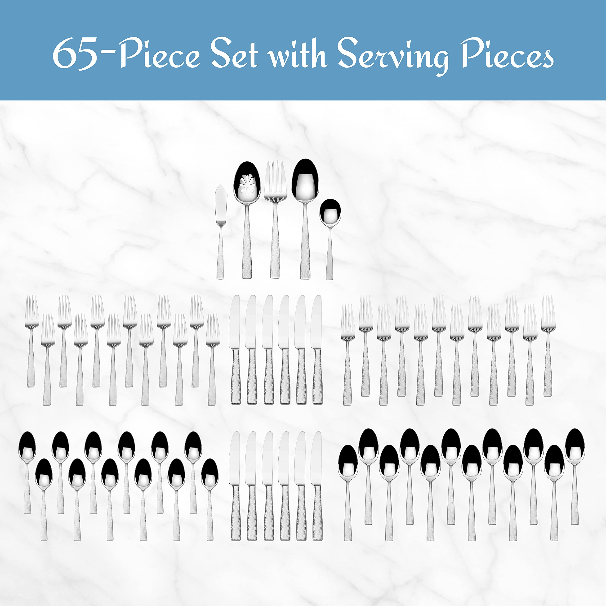 Premium Mikasa Oliver Gleam 65-Piece 18/10 Stainless Steel Flatware Set for 12 - Elegant Silverware with Serving Utensils - Perfect for Dinner Parties, Weddings & Holiday Gatherings