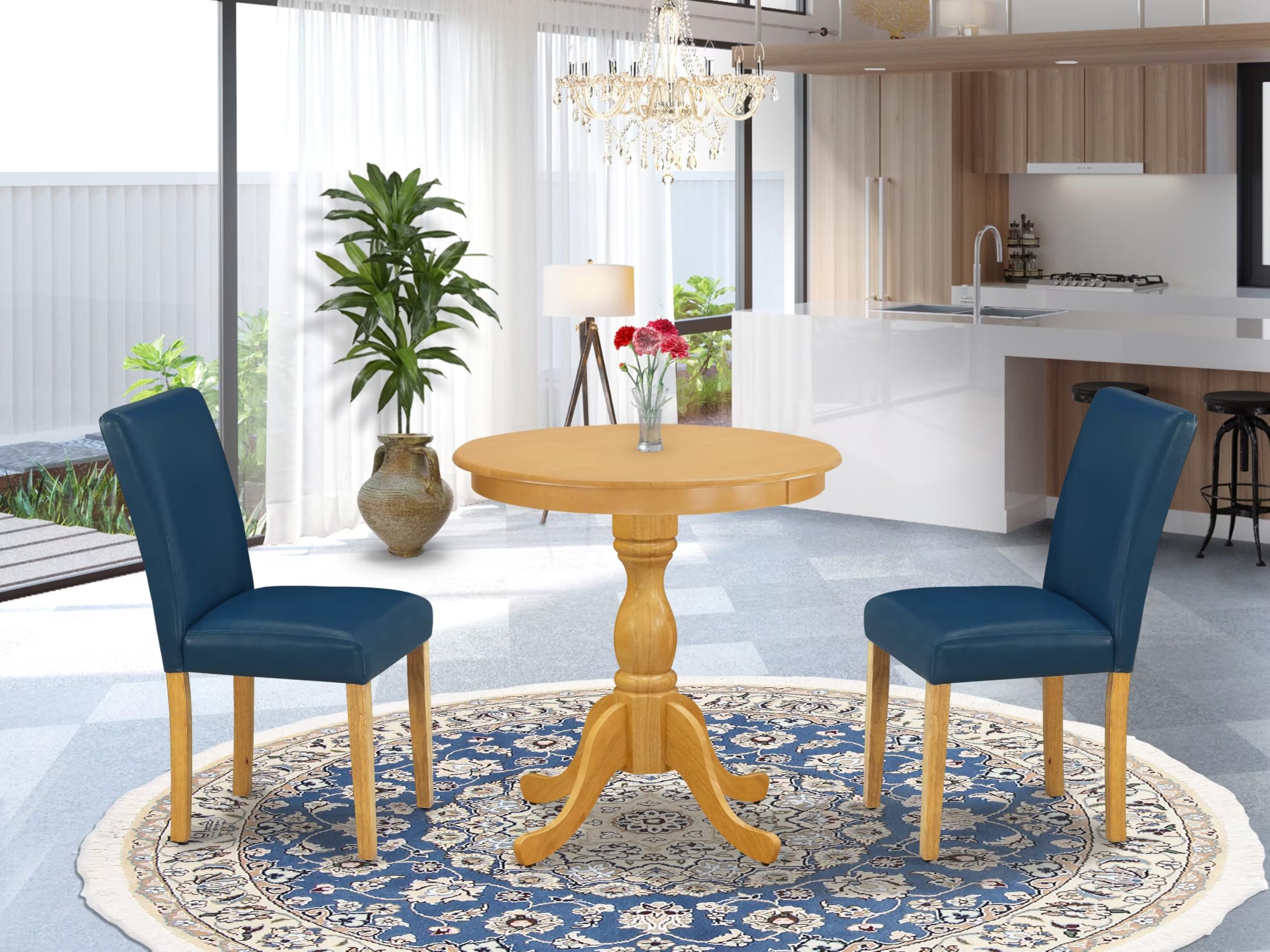 East West Furniture 3 Piece Dining Room Set - Round Pedestal Table & 2 Oasis Blue Faux Leather Chairs, 30x30 Inch, Oak - Perfect for Small Spaces, Breakfast Nooks & Cozy Apartments