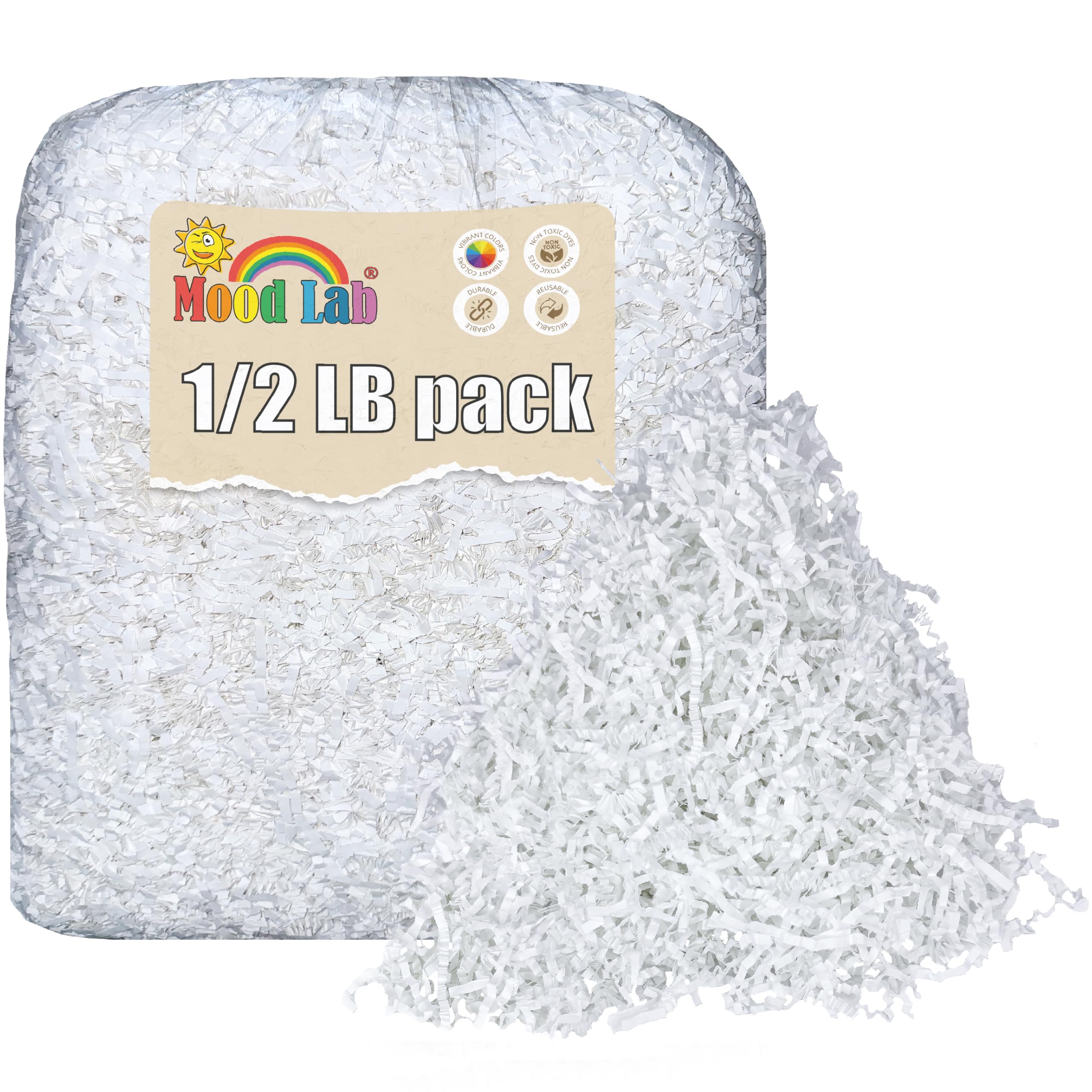 Mood Lab Crinkle Cut Paper Shred Filler - 1/2 LB White Shredded Paper for Gift Baskets, Box Filling & Kraft Wrapping - Perfect for Easter, Christmas Gift Packaging & Party Decorations