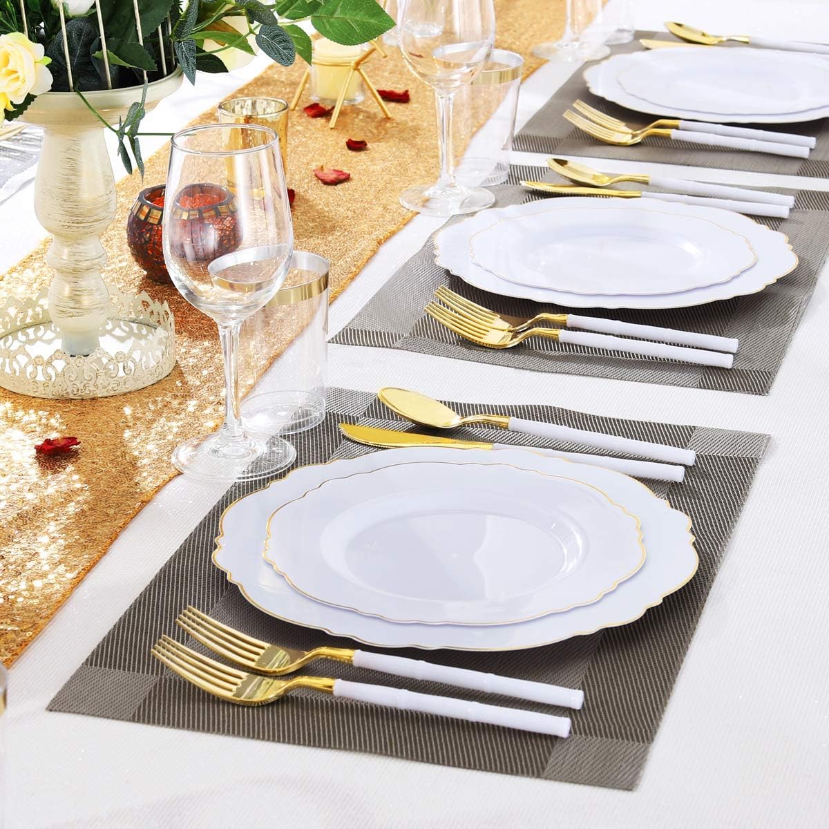 300-Piece Gold Plastic Cutlery Set & 100 Gold Plastic Plates - Elegant Baroque Design for Weddings, Parties, and Luxury Events