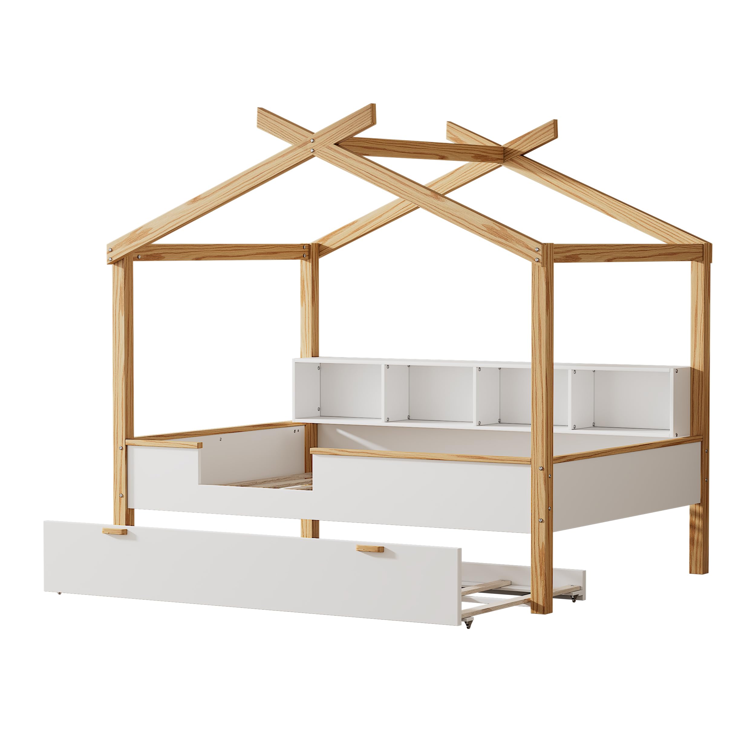 Natural Wood Kids Trundle Bed with Bookshelf - Montessori Toddler House Bed for Boys & Girls, Full Size White Children's Bed - Perfect for Small Bedrooms, Playrooms & Montessori Learning Spaces