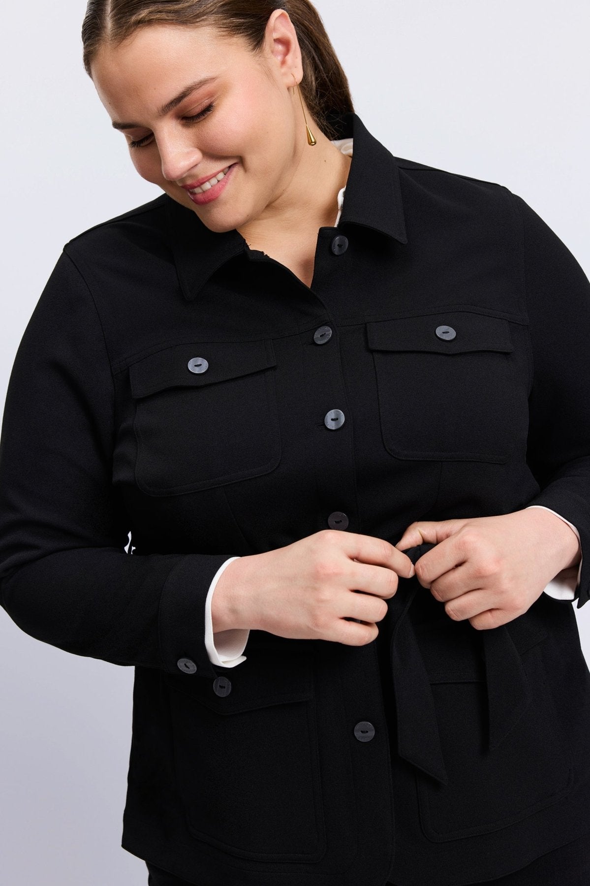 Stella Plus Knit Crepe Long Sleeve Belted Jacket for Women - Elegant Office Blazer & Casual Outerwear