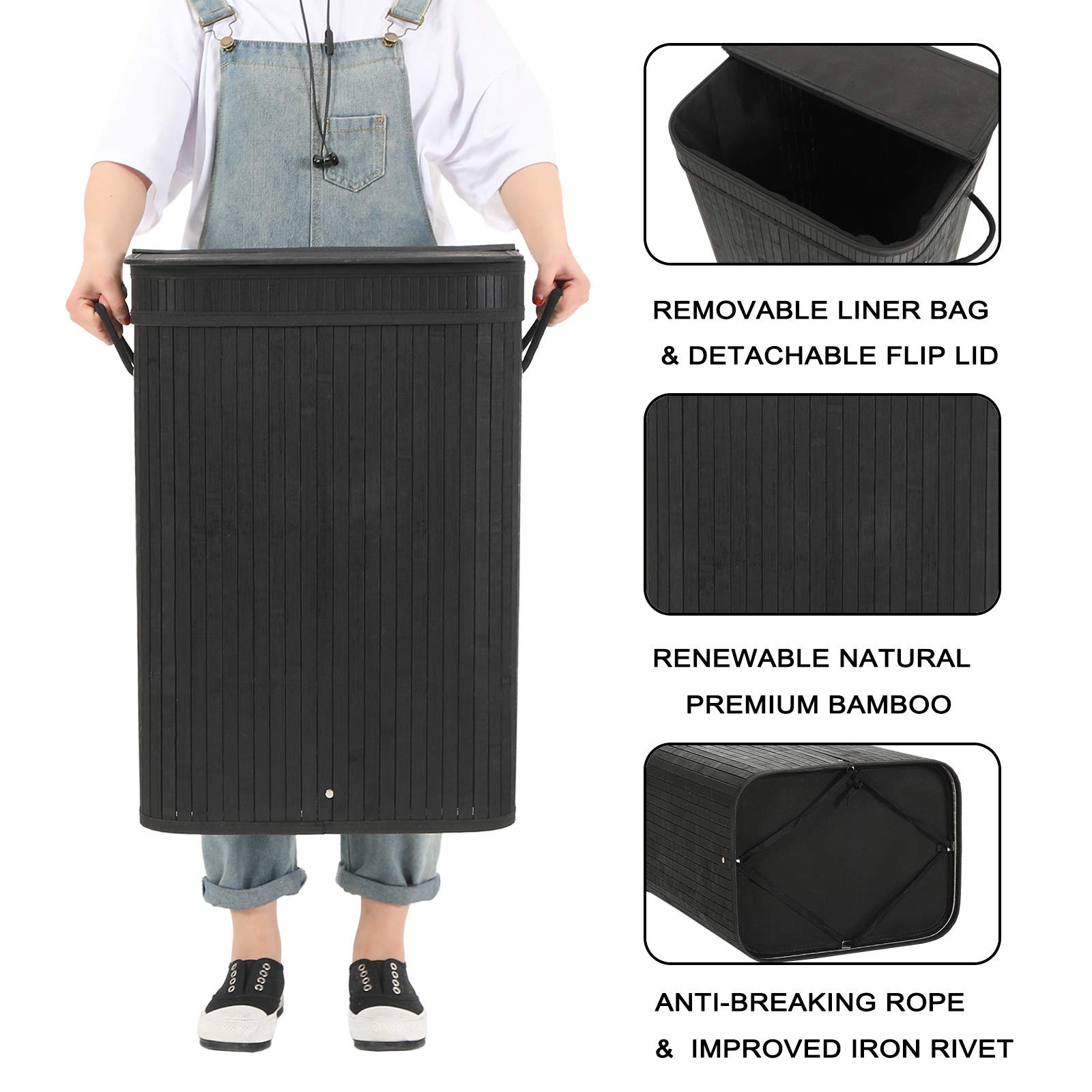 Sophia & William 72L Bamboo Laundry Hamper with Lid - Collapsible Clothes Basket with Removable Liner & Handles - Perfect for Bedroom, Bathroom, Dorm, and Laundry Room Organization - Black