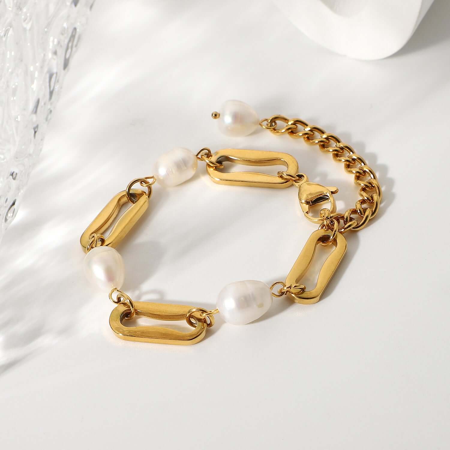 Chunky Pearl Rectangle Chain Link Bracelet for Women - Elegant Fashion Jewelry Gift for Birthday, Anniversary & Party | JDB069