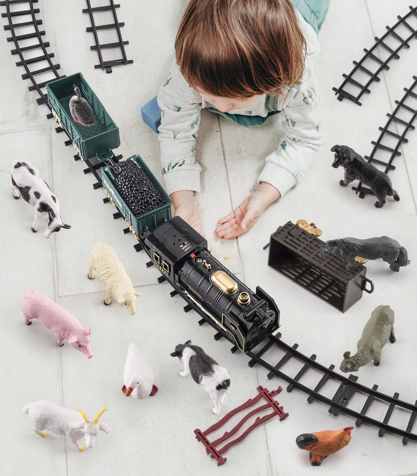 Electric Farm Toy Train Set with Light & Sound - 12 Animal Figures Included - Miniature Steam Engine for Kids Ages 3+ - Perfect for Birthday Cakes, Stocking Stuffers & Toddler Playtime