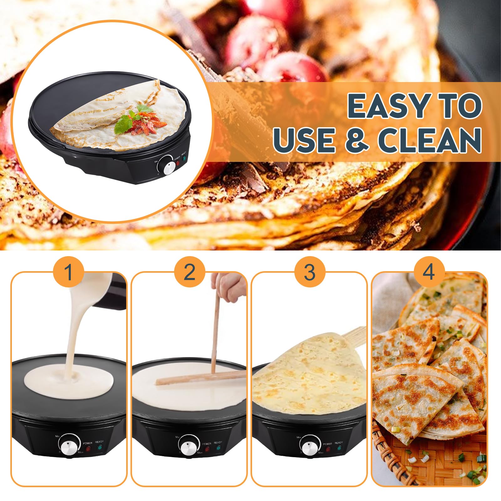 Decdeal 1200W Electric Crepe Maker with Adjustable Temperature (50-210°C) - Non-Stick Pancake Griddle for Roti, Tortilla, Blintzes - Includes Wooden Spatula & Batter Spreader - Perfect for Breakfast, Brunch & Dessert Making at Home