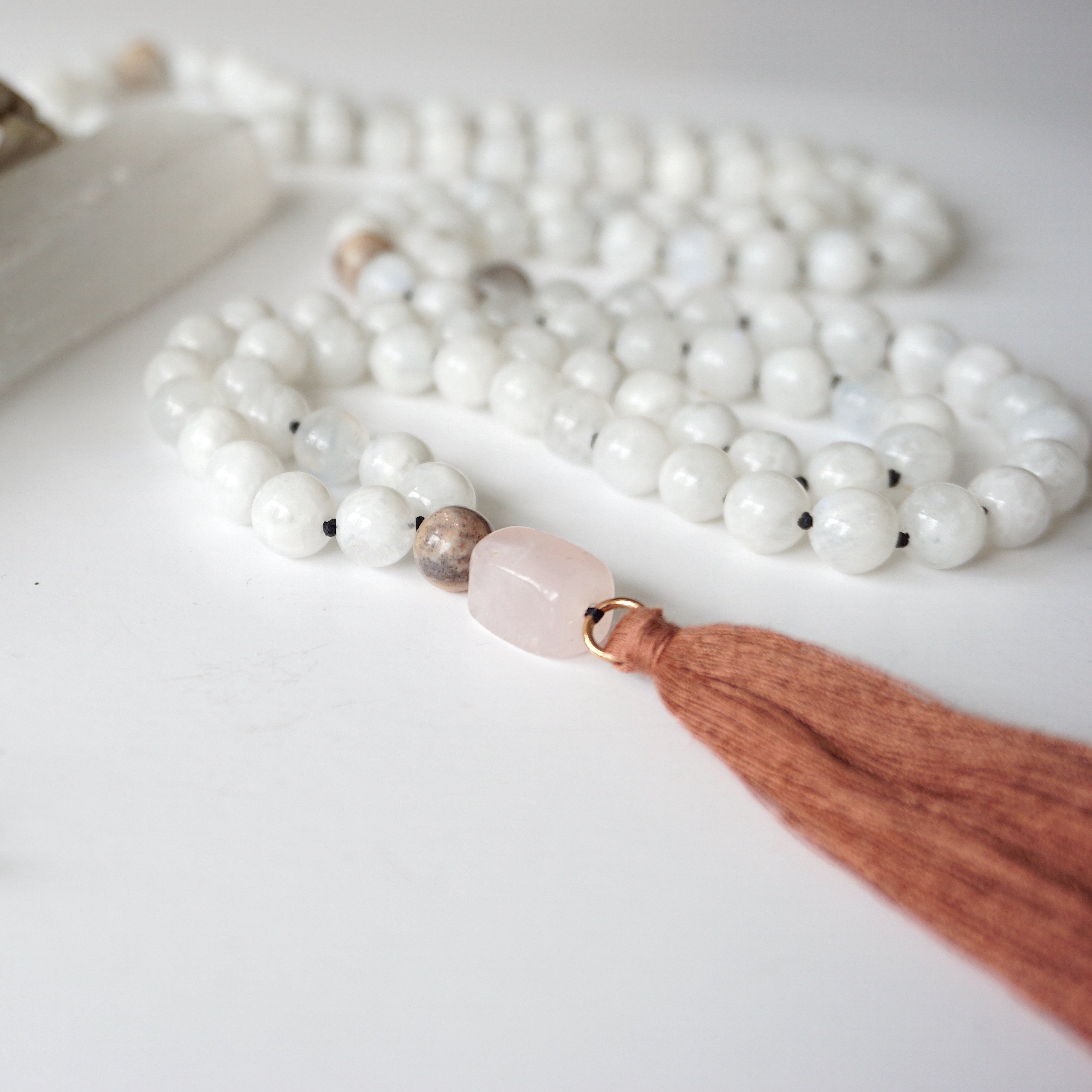Moonstone and Rose Quartz Mala Necklace - Healing Crystal Beads for Meditation, Yoga & Spiritual Balance | Perfect for Mindfulness Practice & Stress Relief