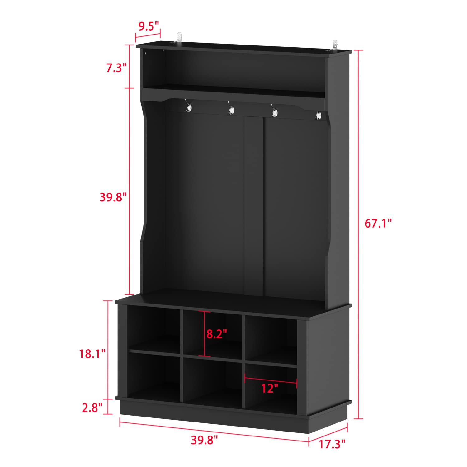 AIEGLE 3-in-1 Entryway Hall Tree with Bench, Shoe Storage & Coat Rack - 6 Cube Organizer & 4 Hooks - Space Saving Black Entryway Furniture (39.8