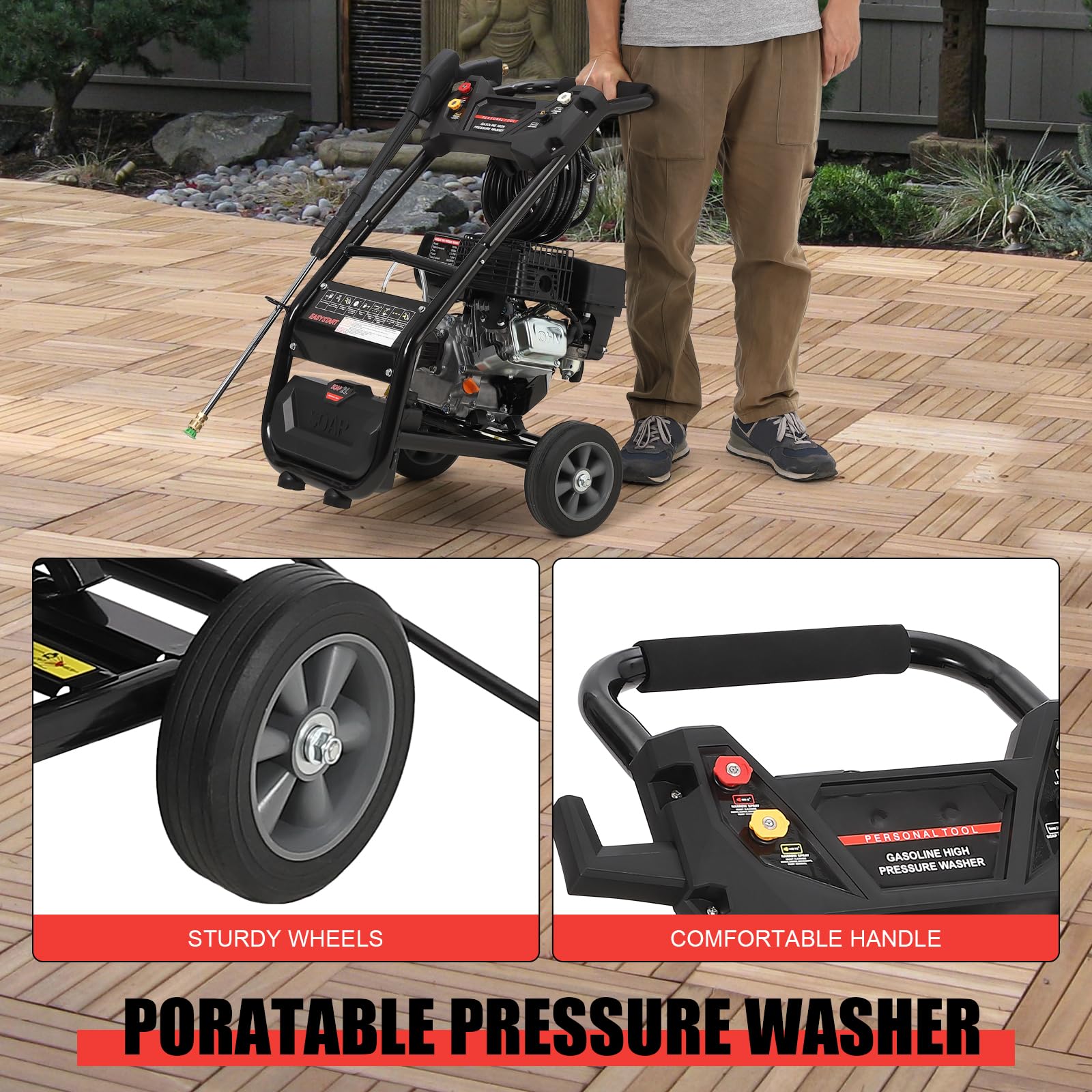 GARVEE 3600 PSI Gas Pressure Washer - 2.6 GPM High Power Cleaner with 4 Quick Connect Nozzles - Ideal for Car Washing, Fence Cleaning, Driveway, Home, Patio & Outdoor Furniture Maintenance