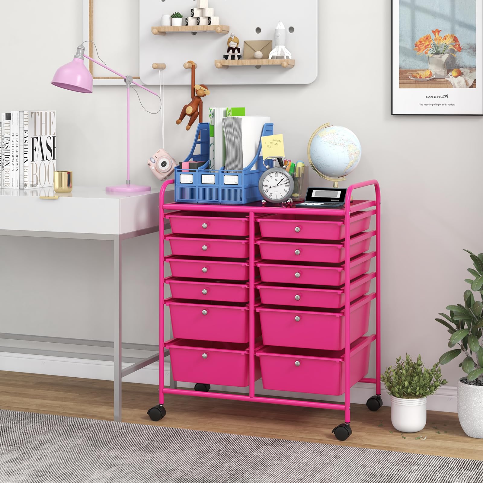 RELAX4LIFE 12-Drawer Rolling Craft Storage Cart with Wheels - Mobile Organizer for Art Supplies, Office, School & Beauty Salon - Pink Utility Cart for Easy Access & Space Saving Organization